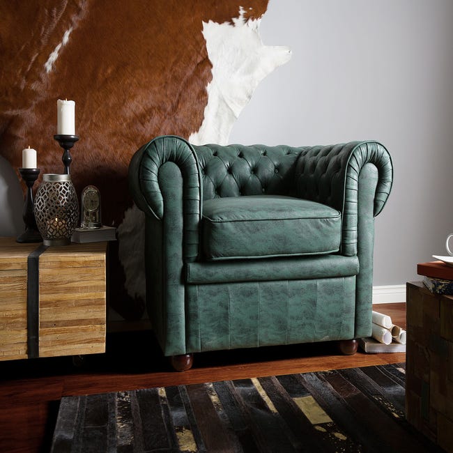 Poltrona vintage in tessuto similpelle verde CHESTERFIELD