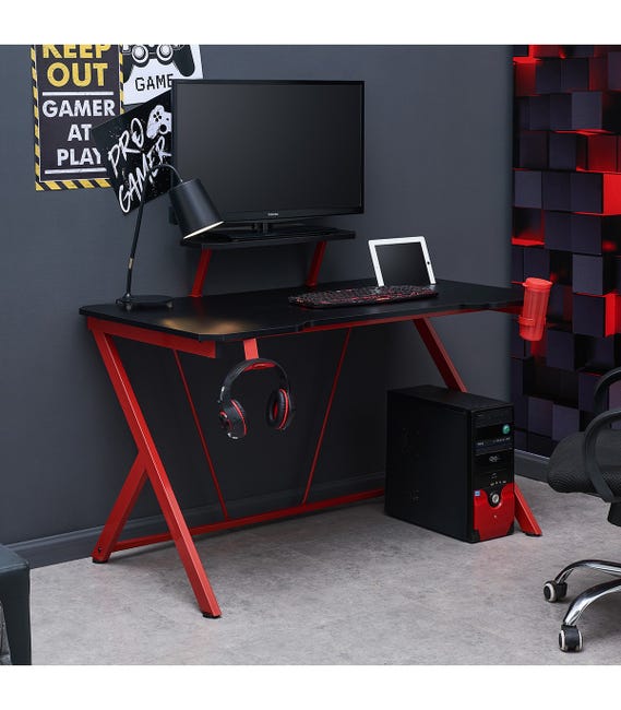 Bureau Gamer Noir et Rouge avec Tablette et Accessoires - L130 cm