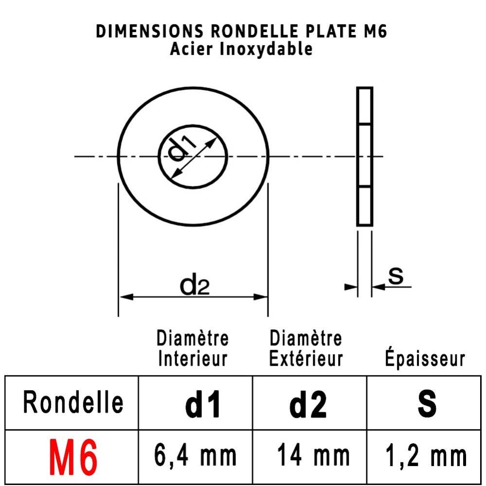 Rondelles Metal Inox M6 : Boite 30 Pcs Plate Moyenne Acier Inoxydable A2 | Usage Interieur et Exterieur | Dimension : (6,4mm x 14mm x 1,2mm) - 3