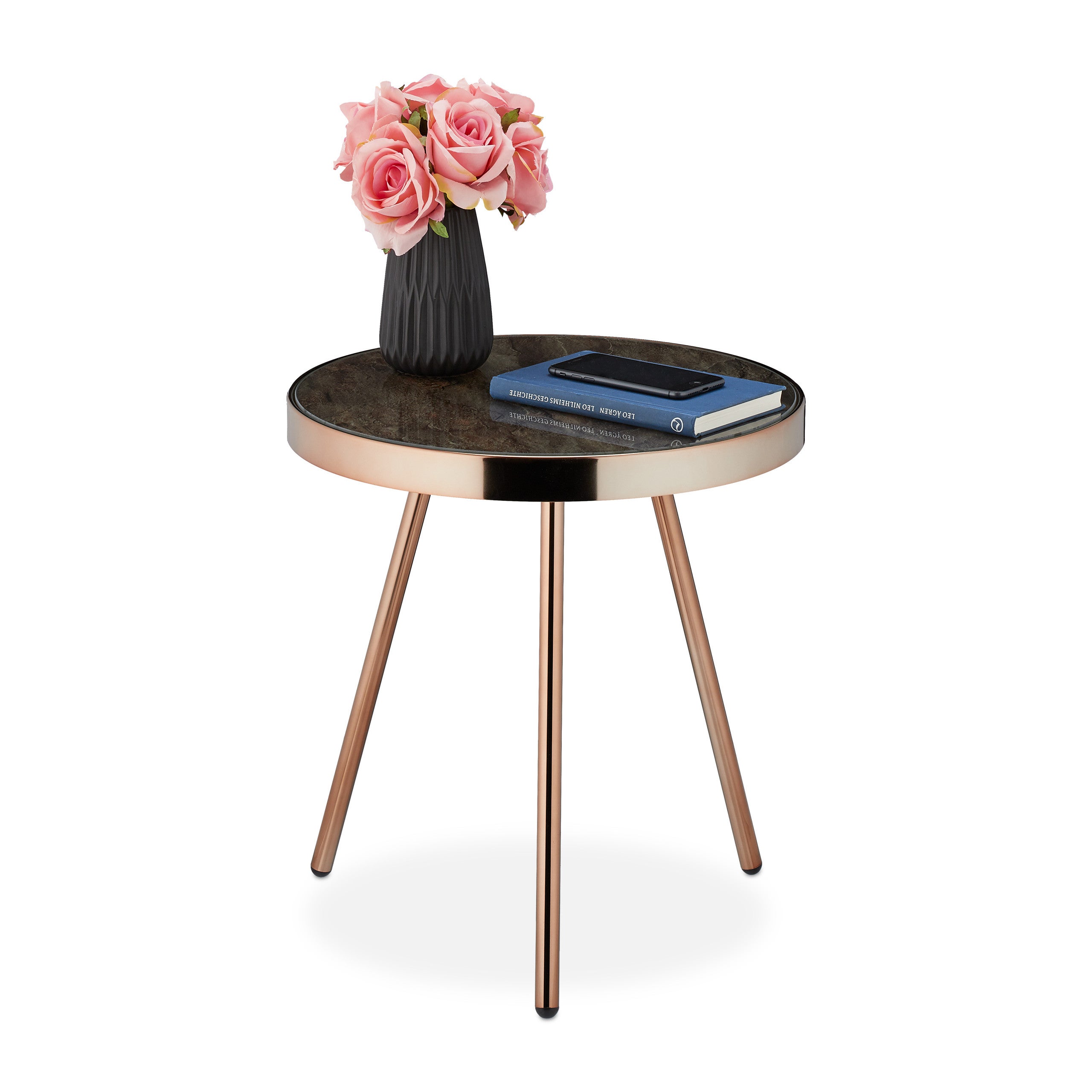 relaxdays Bambù per Riporre Oggetti in Sala,49x40 cm 49 x 40 x 40 cm nero Tavolino da Salotto con Rotelle Rotondo Design Moderno plastica legno 