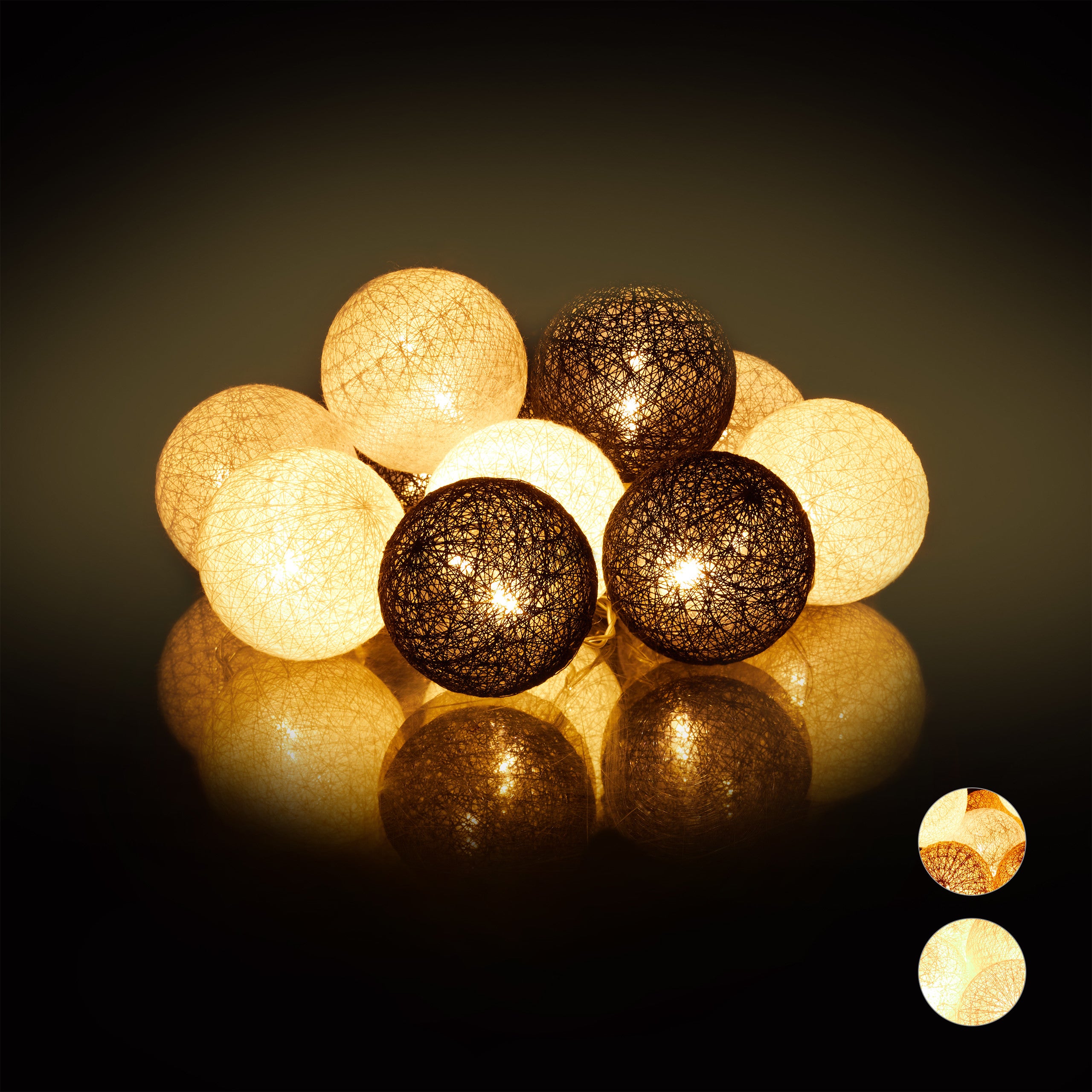 Relaxdays Guirlande Lumineuse LED, 10 Boules Coton, Fonction Piles,  Lumières d'Ambiance, Sphères Ø6 cm, Blanc-Gris-Noir