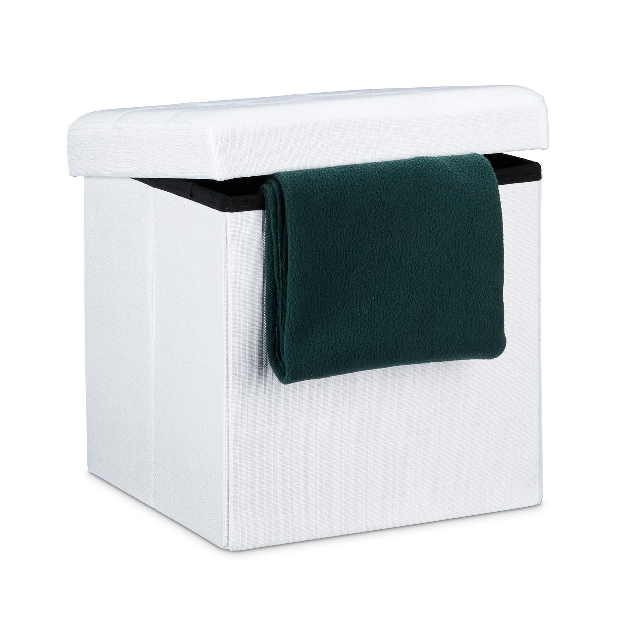 Pouf Pieghevole Con Contenitore 38x38x38 Cm - In Lino Bianco, Coperchio Imbottito