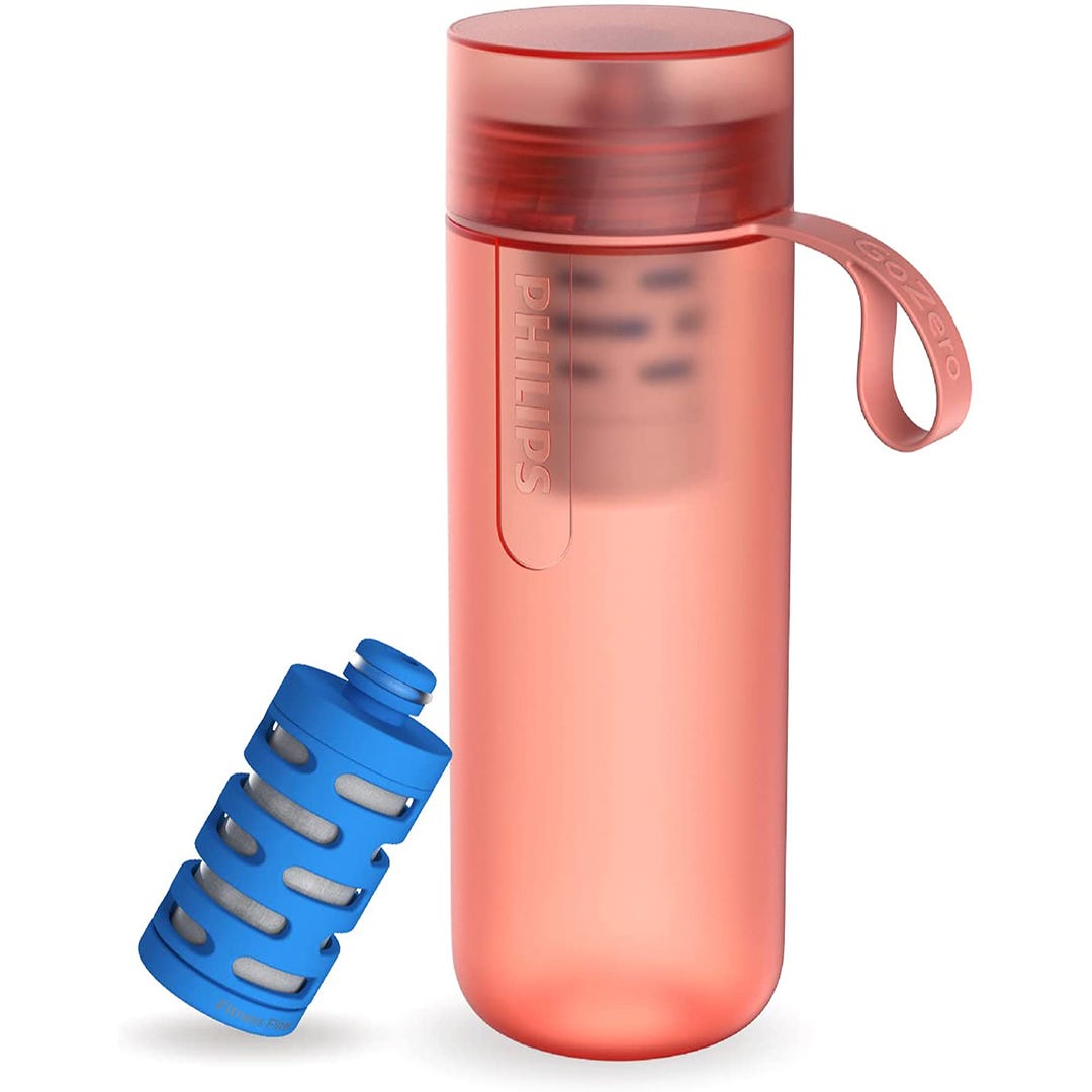 Botella de agua Philips GoZero, 1 filtro incluido, botella de fitness de  590 ml, agua purificada con filtración de carbón activado, rojo claro