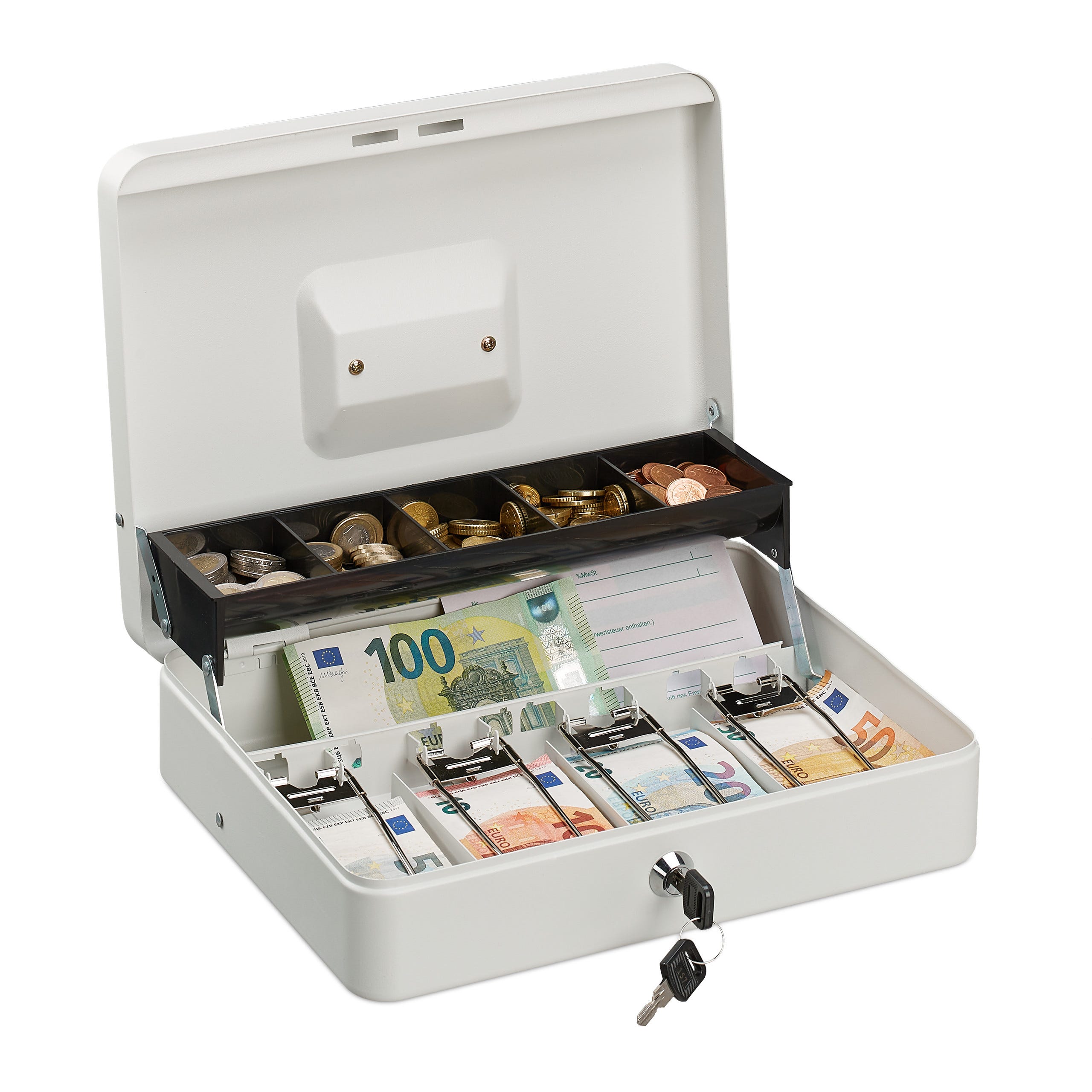 Relaxdays Caisse à monnaie, verrouillable, compartiments pour pièces et  billets, fer, HLP 8,5 x 30,5 x 24,5 cm, blanc