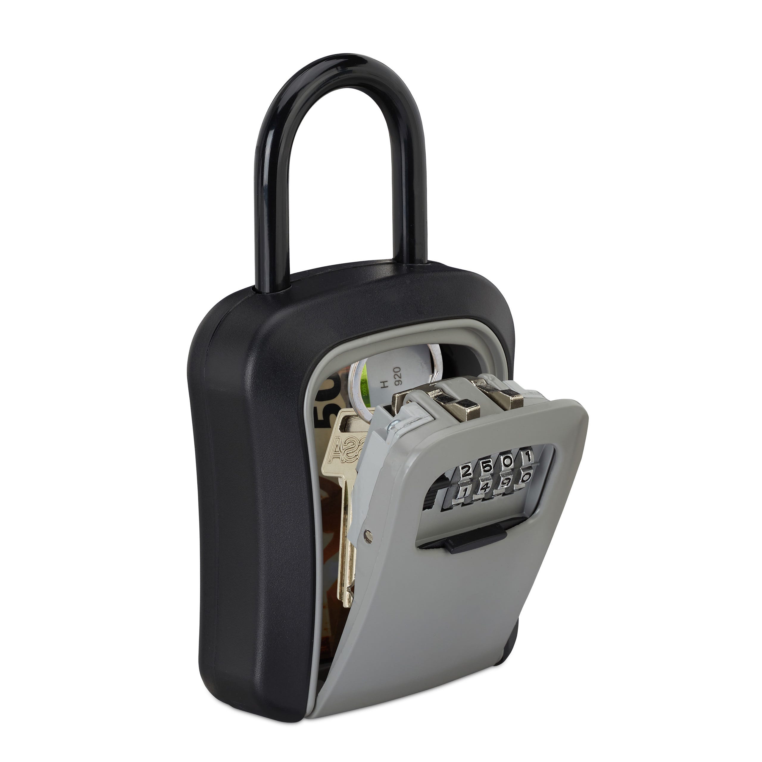 Relaxdays Boîte à clés sécurisée, code à 4 chiffres, crochet anse,  rangement à clé, 17,5 x 9,5 x 4 cm, noir/argent