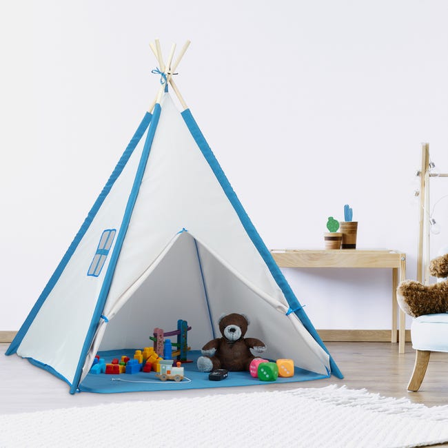 Relaxdays Tenda per Bambini da Gioco, Capanna Indiana con Tappetino,  Interni e Esterni, HLP 154x124x124 cm, Bianco Blu