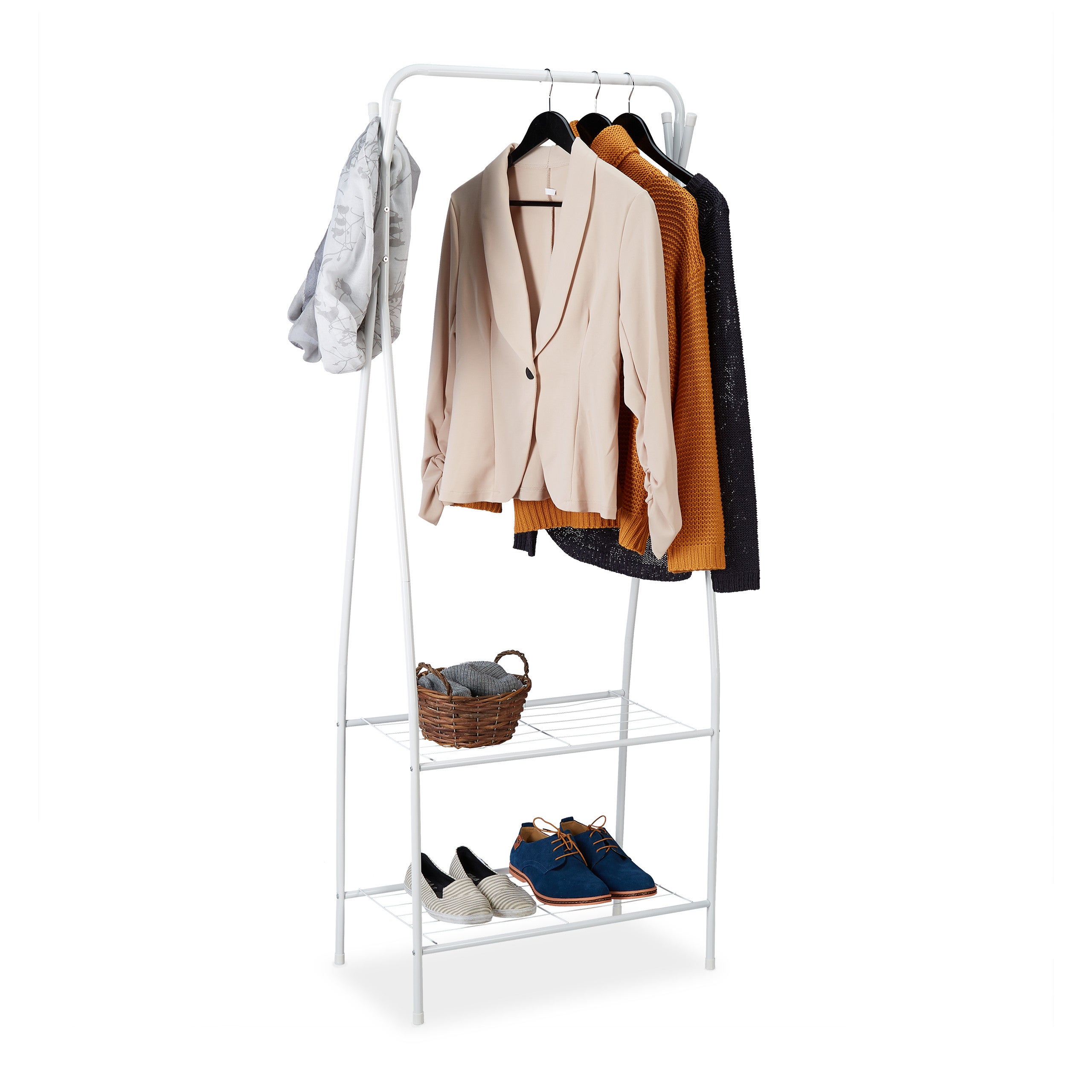 Naturale/Bianco Appendiabiti in bambù & Legno MDF 8 Ganci 2 Ripiani Relaxdays Attaccapanni Ingresso HxD 181x37 cm 