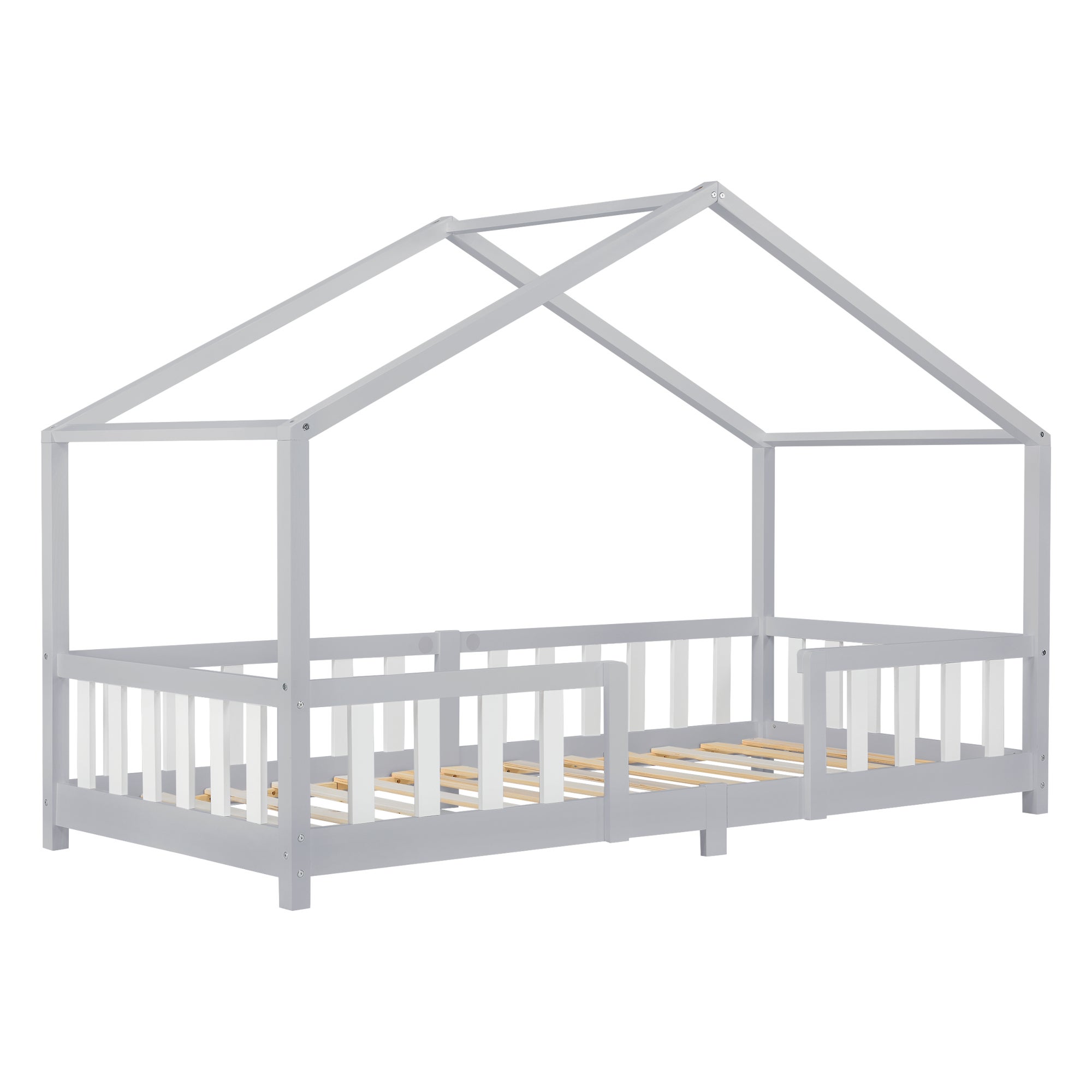 Letto per Bambini a Forma di Casetta con Barriera Anticaduta 90 x 200 cm  Lettino in Legno di Pino con Sponde / Sbarre di Sicurezza grigio