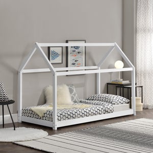 Letto per Cameretta a Forma di Casetta Semiaperta con Finestra e Tettuccio  Letto per Bambini con Materasso 90x200 cm Legno di Pino Bianco [en.casa]