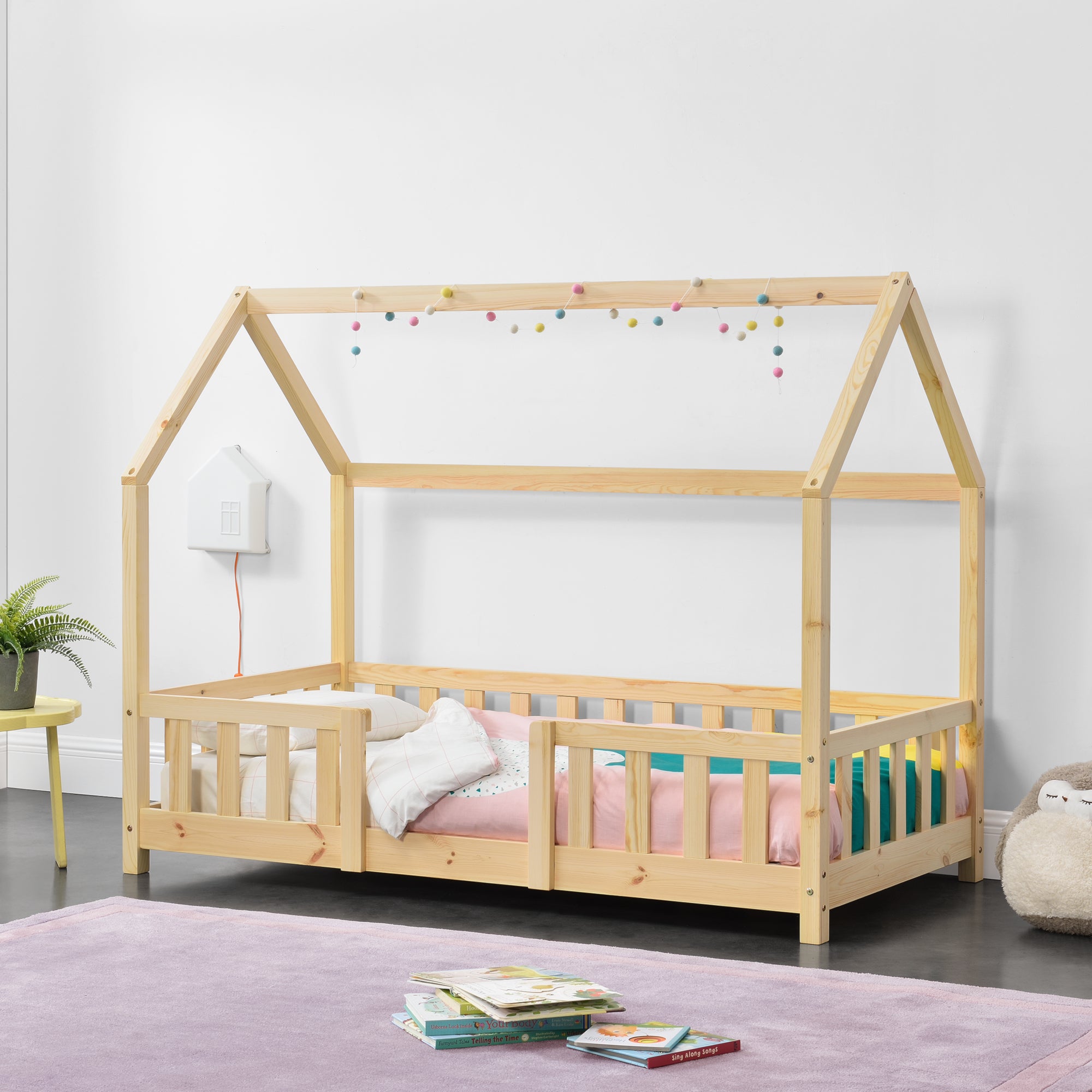 Letto per bambini in legno massello con barriera anticaduta, bianco -  160x80 cm