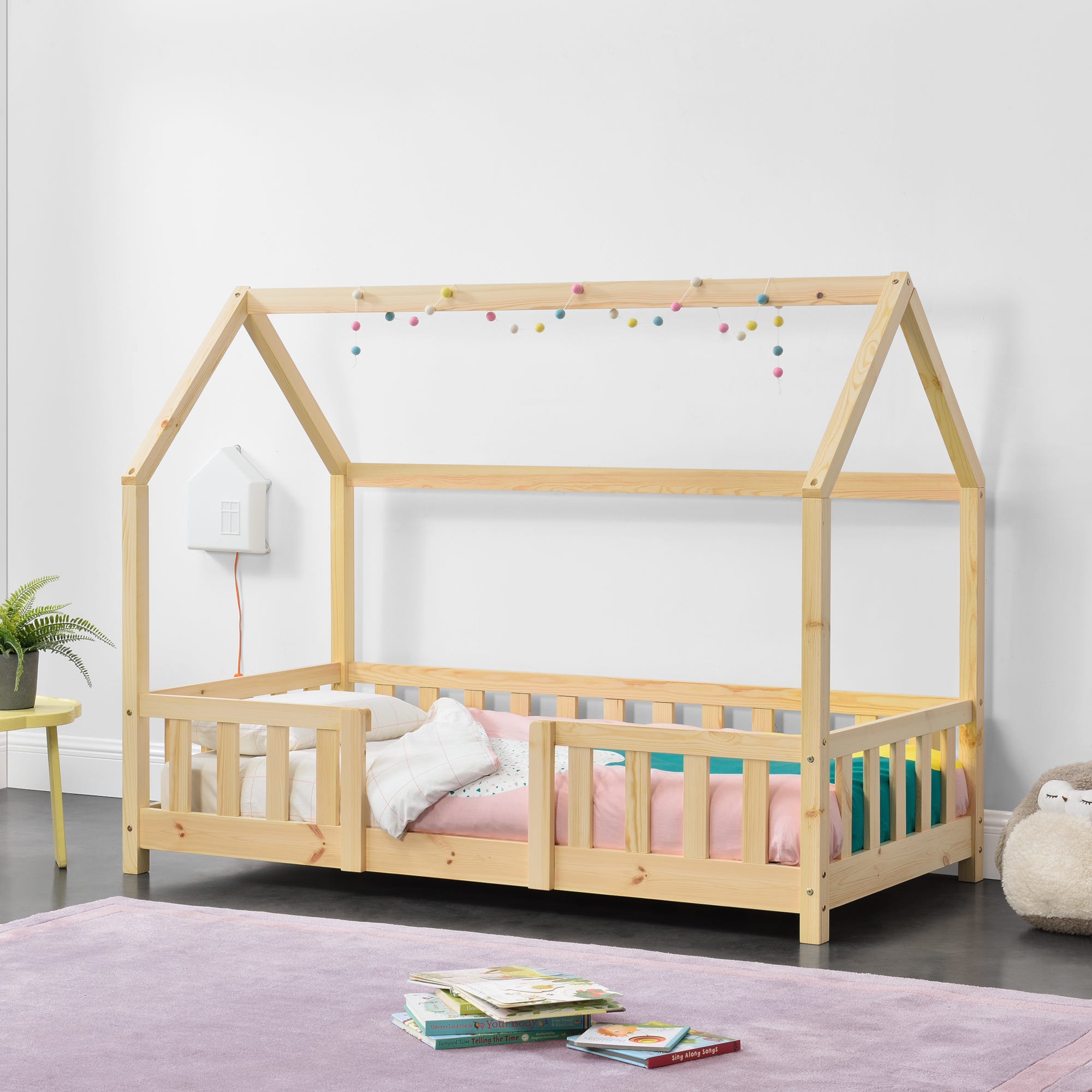 Cama para niños 80 x 160 cm Cama Infantil con Somier Estructura de Madera  Pino En diseño de Casa con Reja de Seguridad Protección Natural