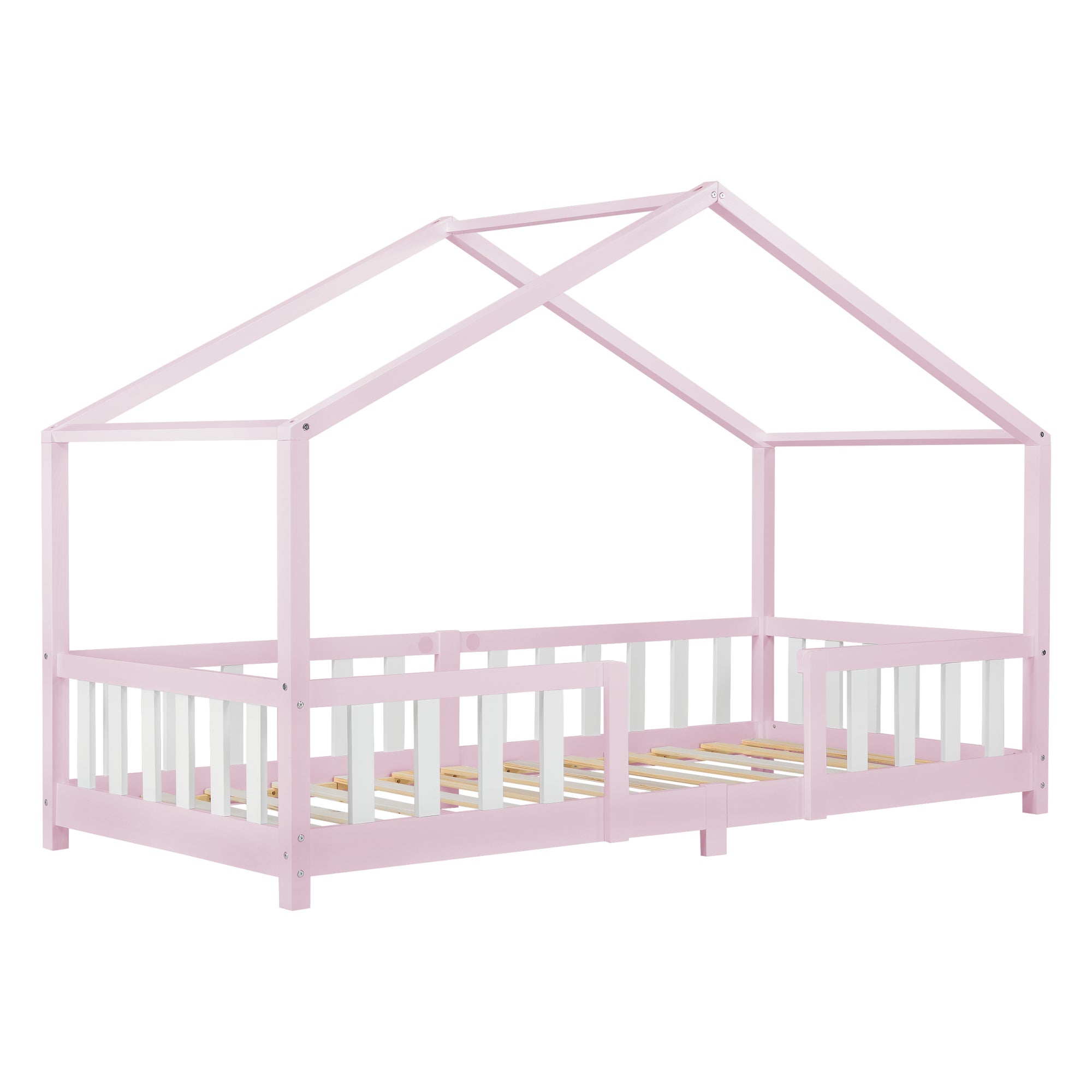 Letto per Bambino con Sponde a Forma di Casetta 90 x 200 cm Lettino con  Barriere / Sbarre di Sicurezza - Rosa / Bianco