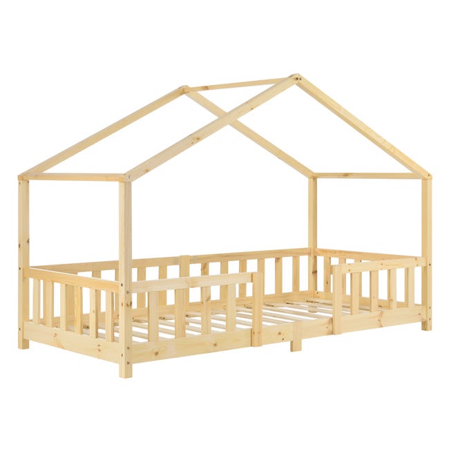 Lit d'enfant forme maison avec grille de protection treviolo 140 x 70 cm  bois naturel [en.casa] - Conforama