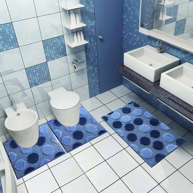 Tapis de Bain Bateau Bleu - Blanc Tapis Salle de Bain 3 pcs Antiderapant  Polyester Tapis Toilette