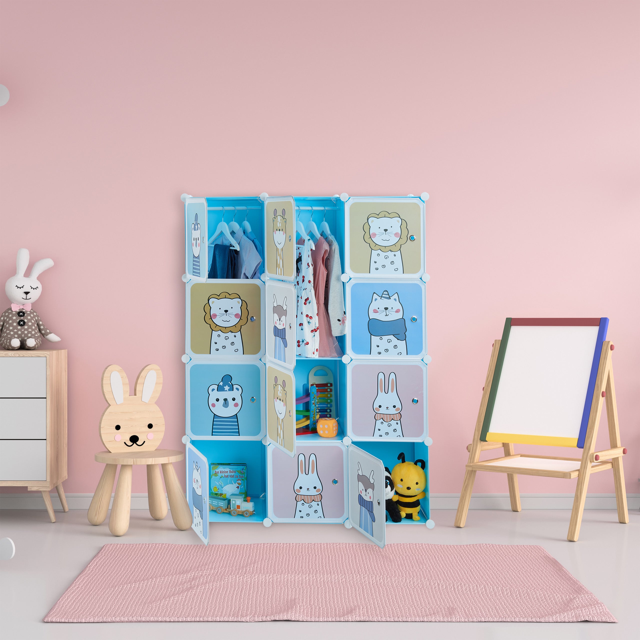 2 Tringle à vêtements modulable étagère Animaux Relaxdays Armoire Chambre d'enfant Bleu DIY HLP 145x110x37 cm 