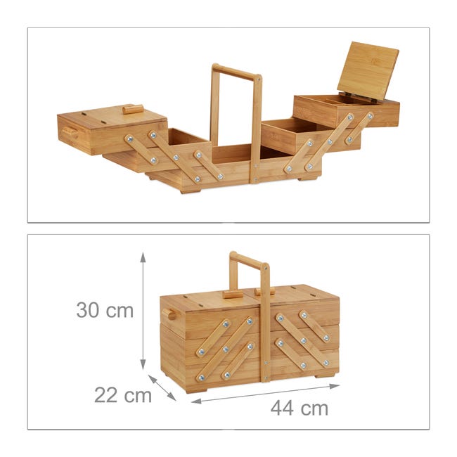 Relaxdays Cestino scatola cucito bambù XXL tanti scomparti apribile porta- cucito vuoto HLP 30 x 44 x 22 cm beige