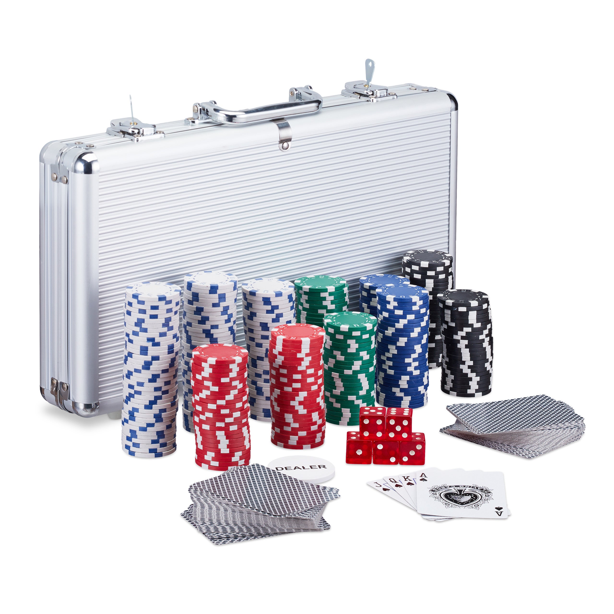5 X dadi Alluminio 2 chiavi 1 X Dealer Button Argento Aufun Poker Set con chip laser di alta qualità Poker chip con 2 X Pokerdecks 