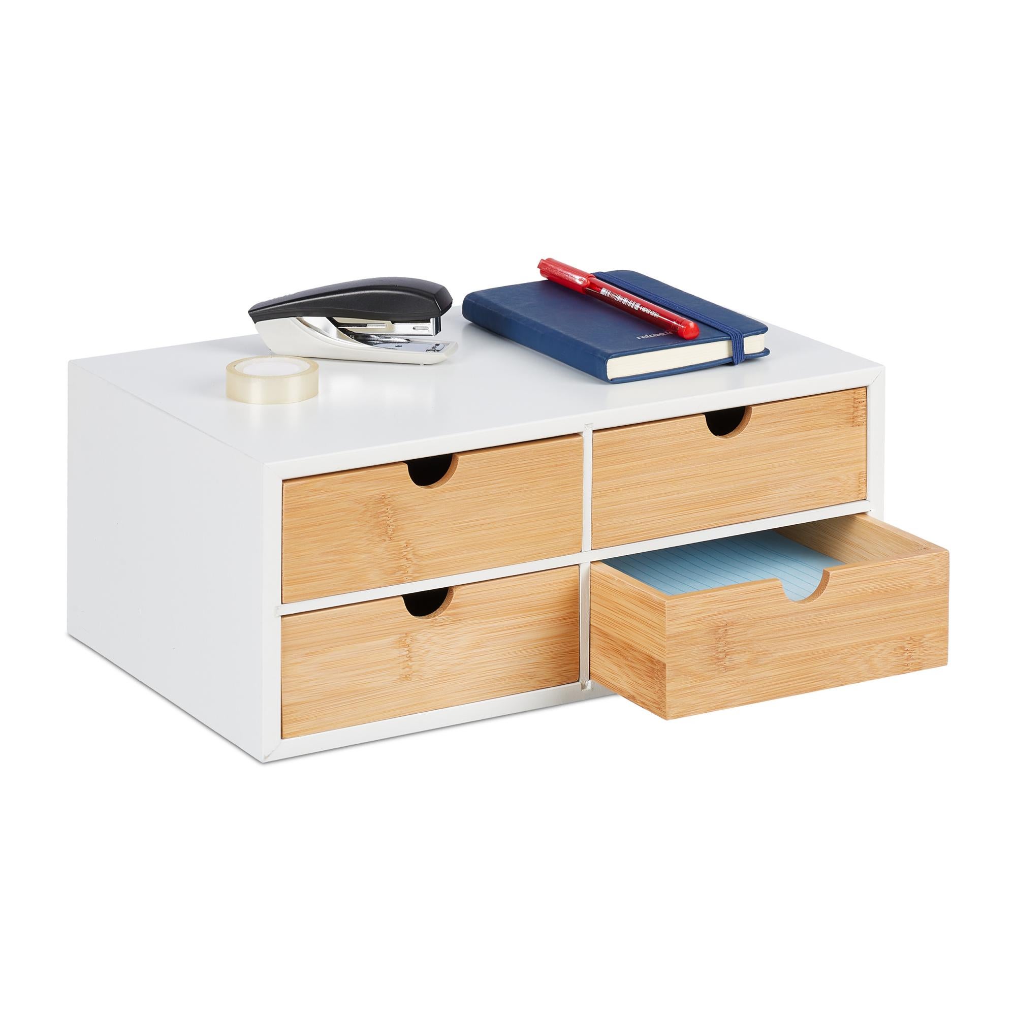 Relaxdays Organizer da Scrivania, Bambù e MDF, Portaoggetti Salvaspazio con  4 Cassetti, HLP 14x33x21 cm, Bianco/Naturale | Leroy Merlin