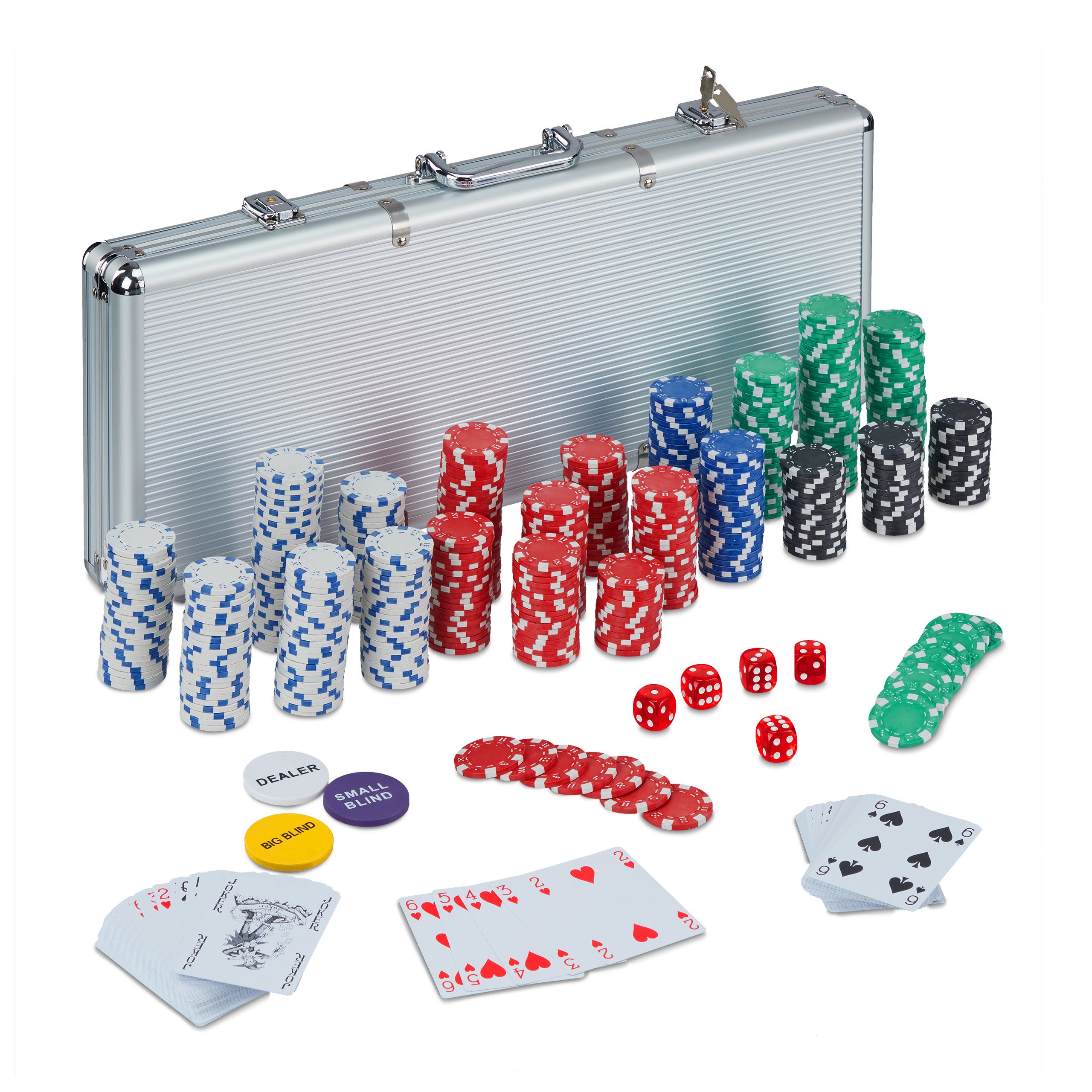 Set Completo Gioco Poker Con Dealer Due Mazzi Carte e Fiches 