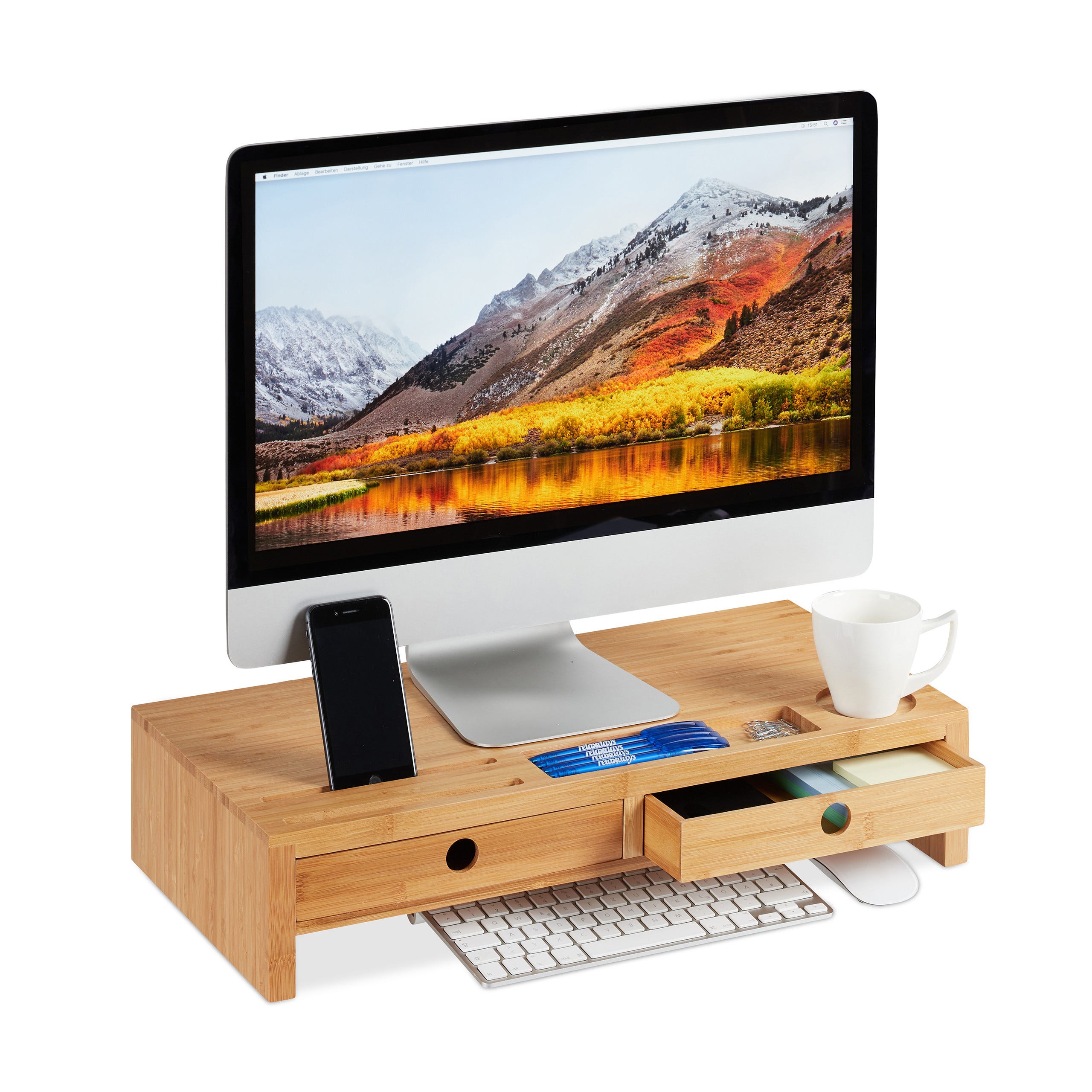 Relaxdays Support pour moniteur, en bambou, Rehausseur d'écran avec 2  tiroirs rangements, bureau, HLP 12x56x27cm, nature