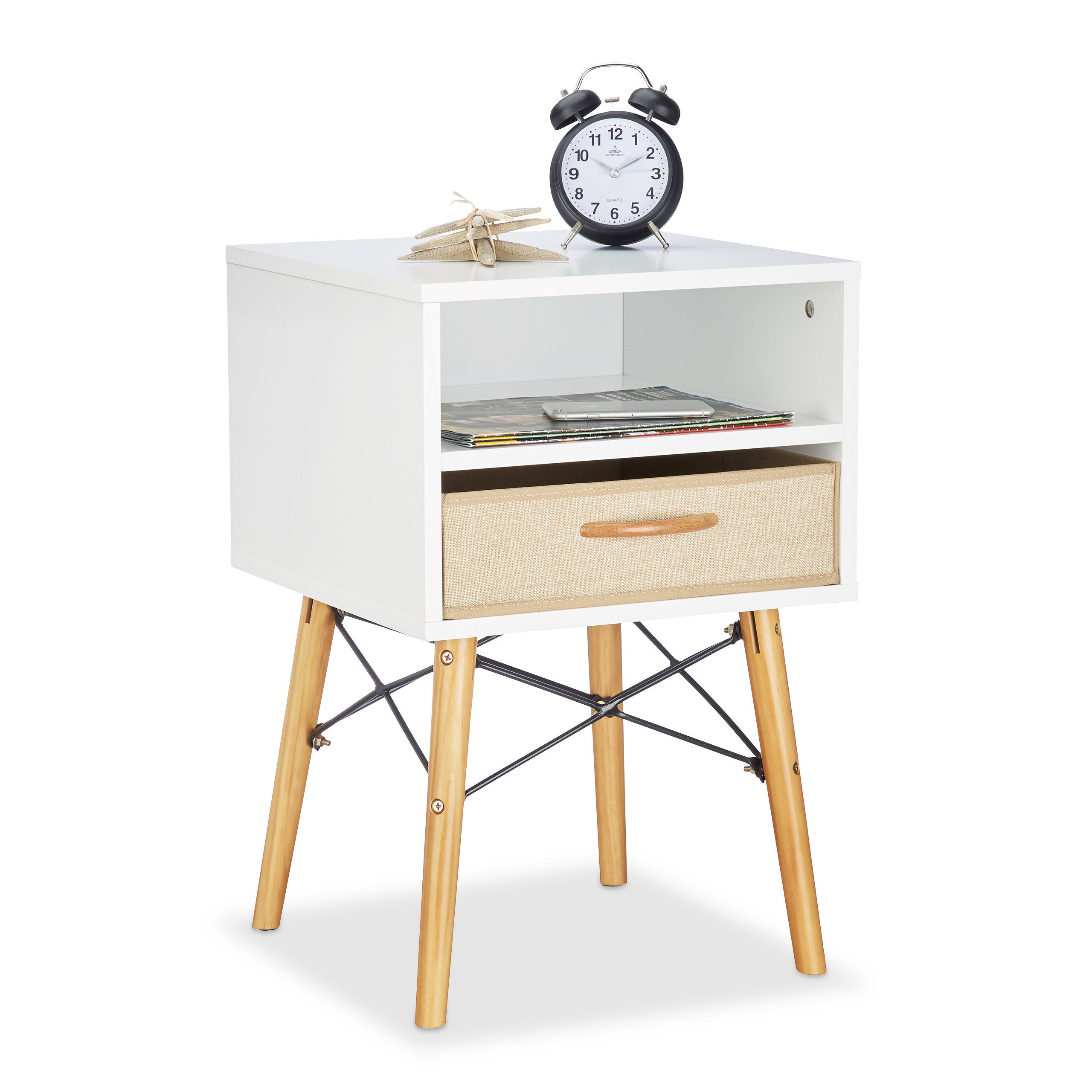 Relaxdays Comodino con gambe in legno, supporti metallici, stile  scandinavo, cassetto in stoffa, tavolino notte 61 x 40 x 43 cm, bianco