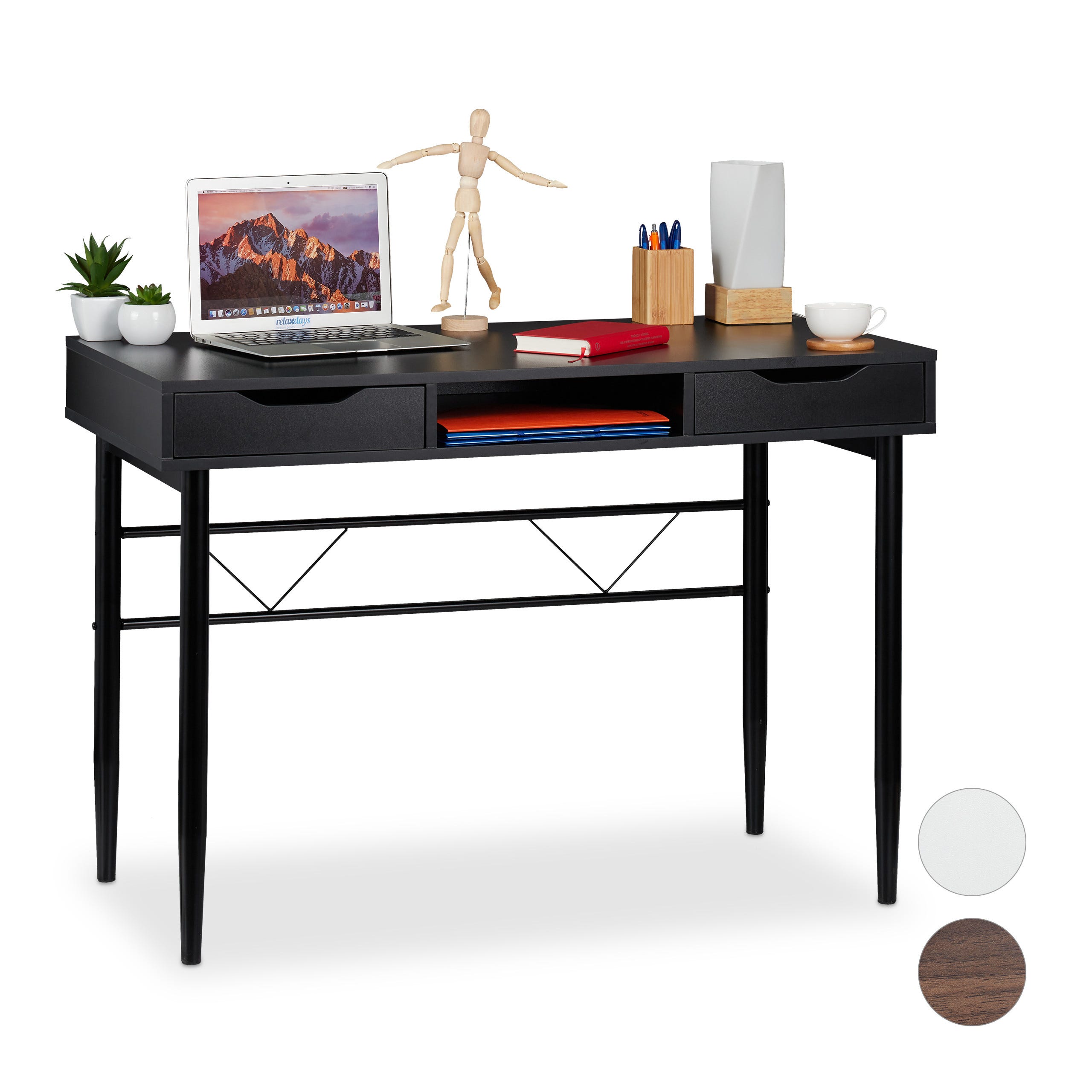 Scrivania per computer tavolo nero ufficio mobile con cassetto ripiani 120  cm