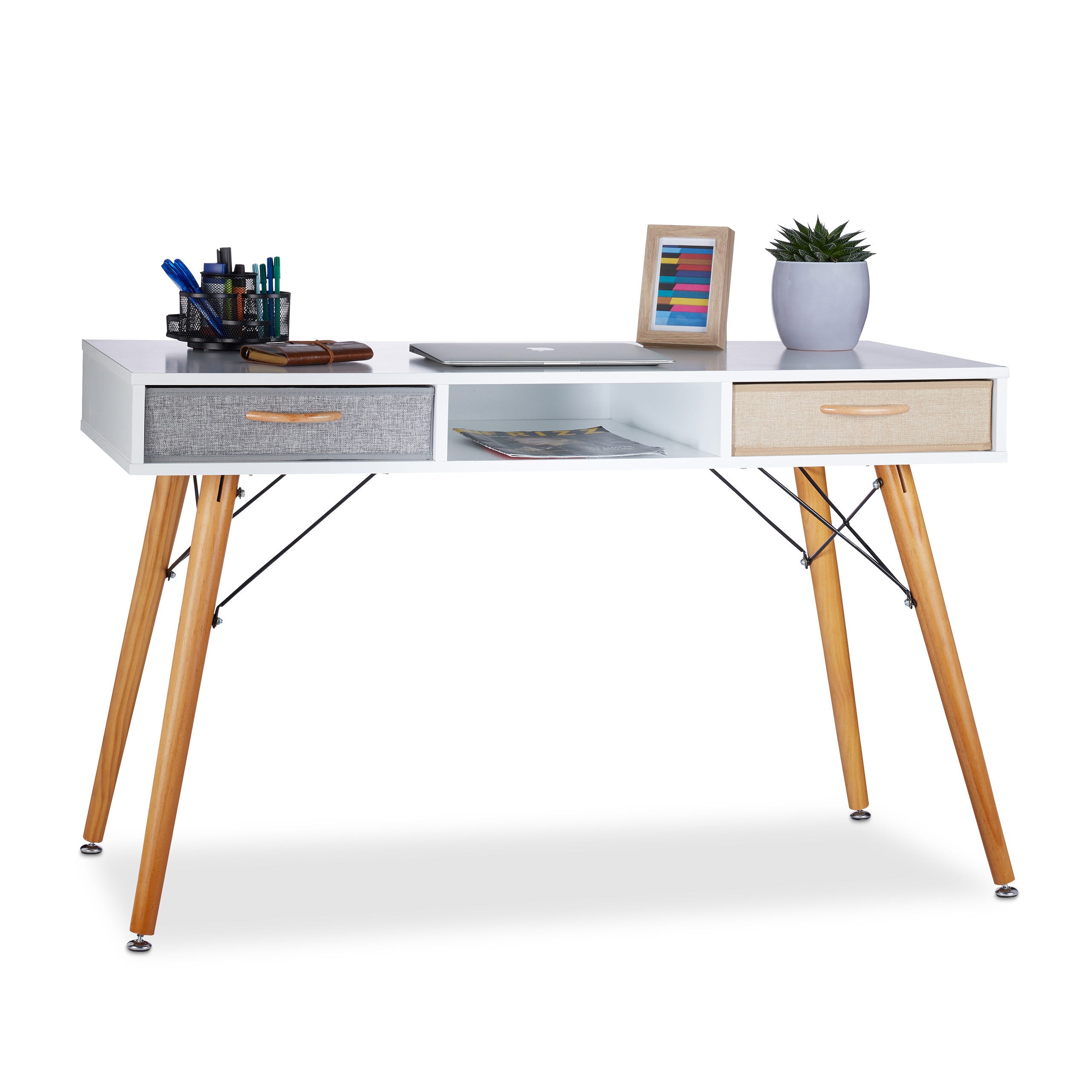 Bureau 2 étagères pour ordinateur Table en bois de chêne Support PC cm  117x50x74