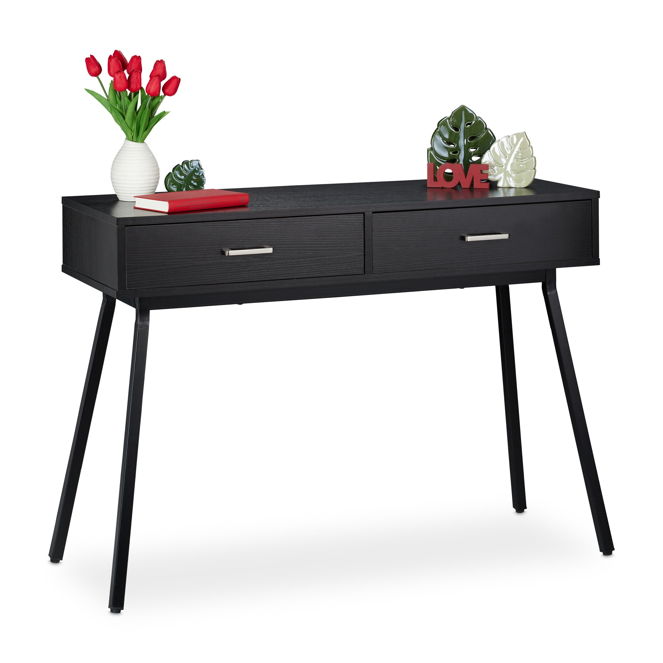 Relaxdays Tavolo Console da Ingresso, Mobile da Corridoio 2 Cassetti Tavolino  Stretto Salotto Design Moderno, Nero