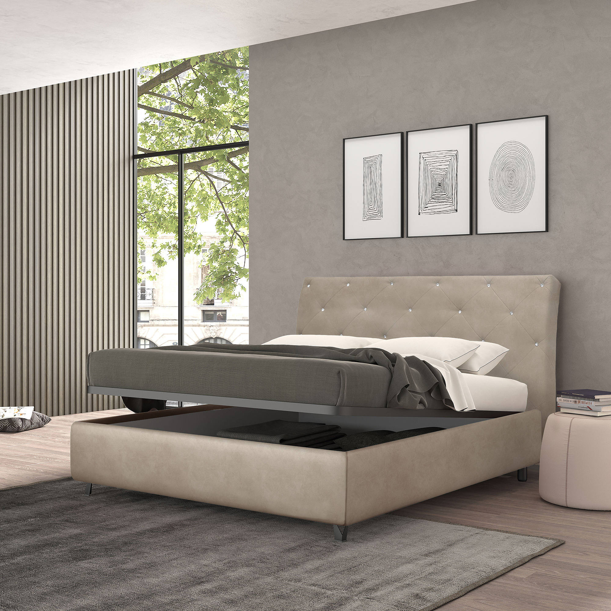 Letto contenitore piazza e mezza Mozart, Made in Italy, Struttura in  tessuto imbottito effetto velluto, Adatto a materasso 120x190 cm, Grigio