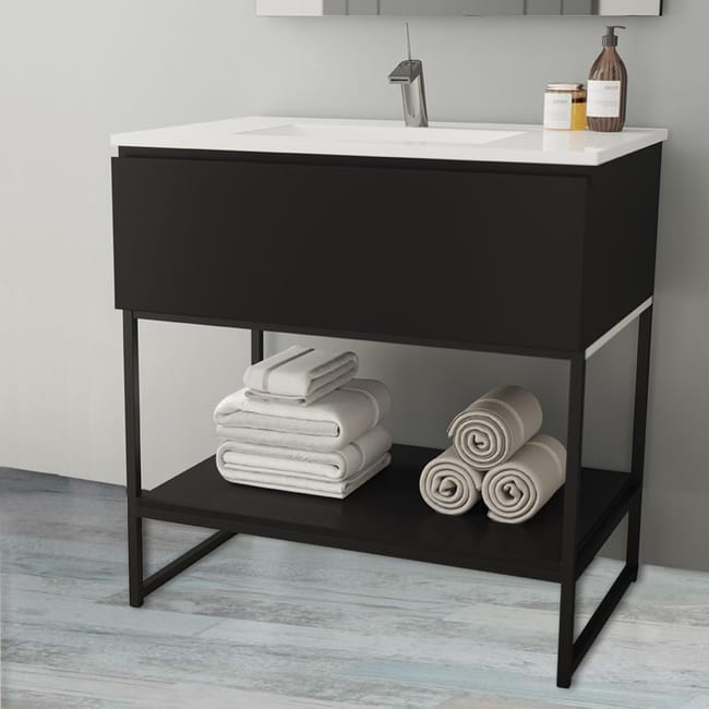Meuble Salle De Bain Noir 80 Cm 1 Tiroir Vasque Ceramique Metal Leroy Merlin