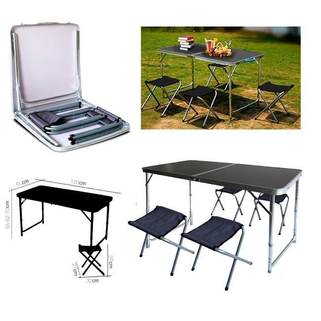 Table de camping et table pliante 120x60x55/62/70 cm + 4 chaises de camping
