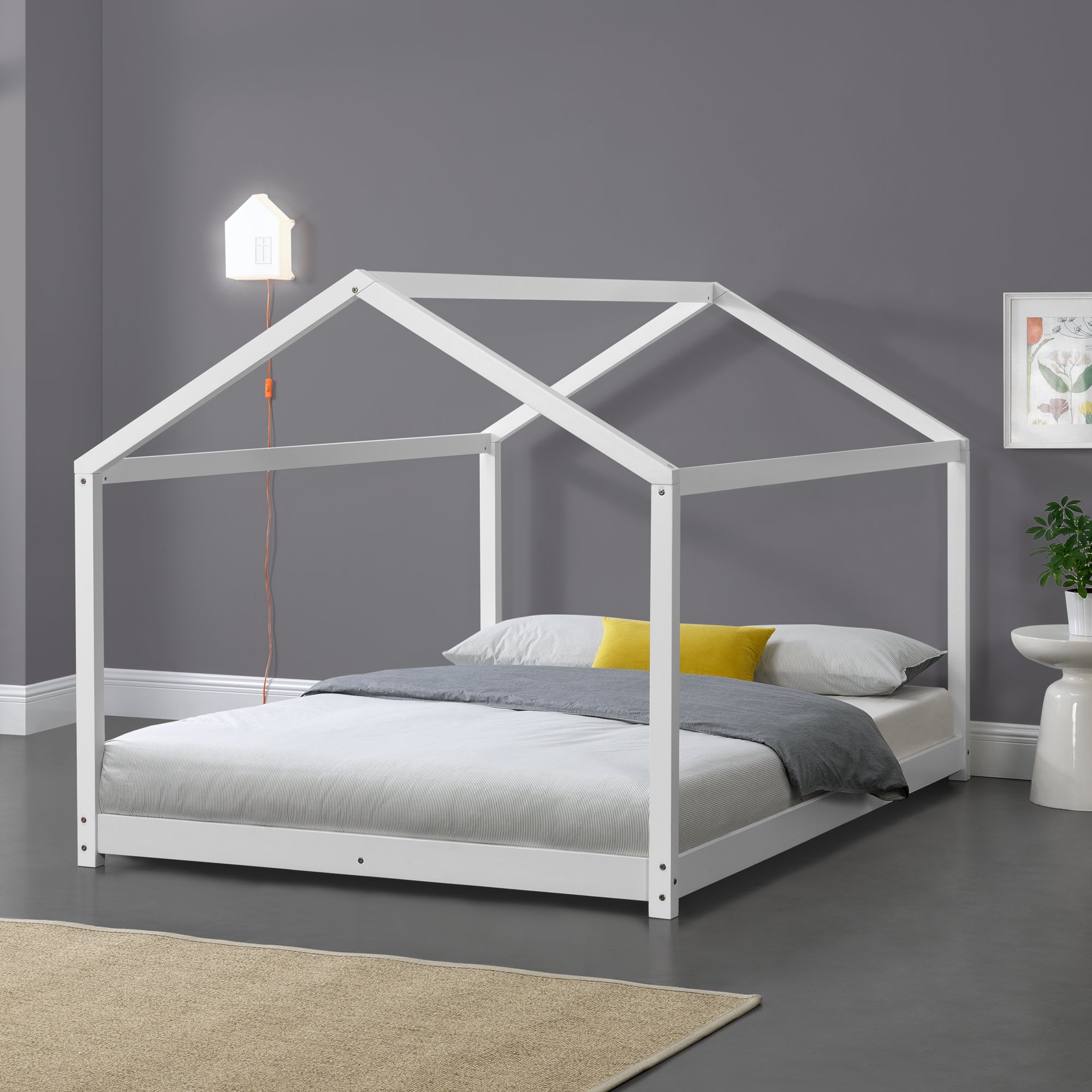 Letto per Bambino a Forma di Casetta 200 x 120 cm Letto 1 Piazza e Mezza  Struttura di Design in Legno di Pino in Stile Montessori - Bianco