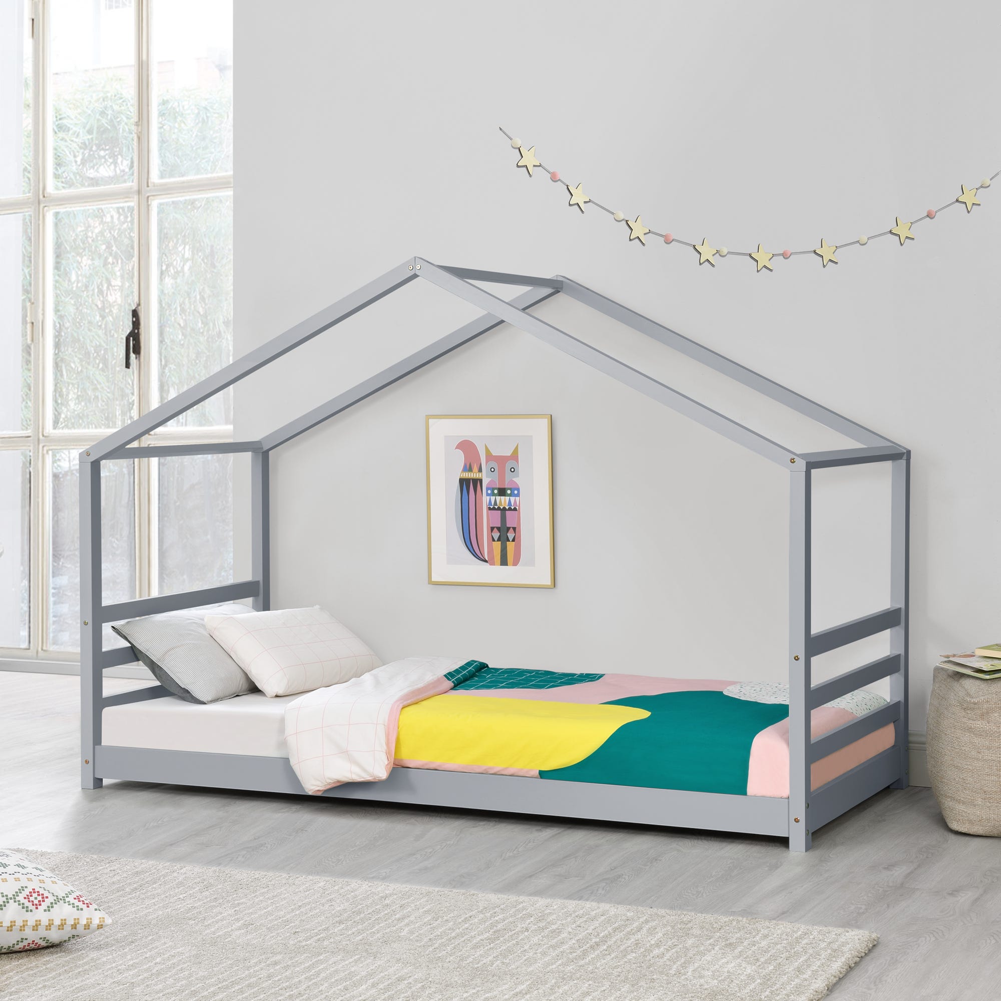 Cama para niños de Pino - 200 x 90 cm - Cama Infantil - Forma de casa - en  Color Gris lacado mate [en.casa]®