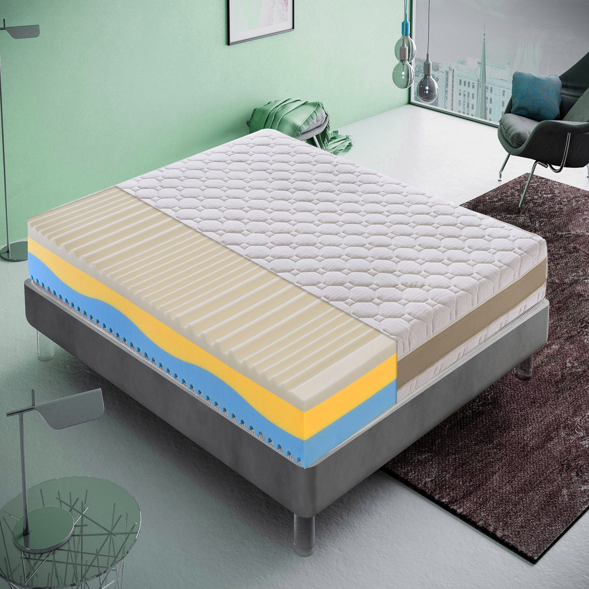 MaterassieDoghe - colchón 160x200 viscoelástico, 3 capas, funda extraíble,  5 cm de viscoelástico, 7 zonas de confort