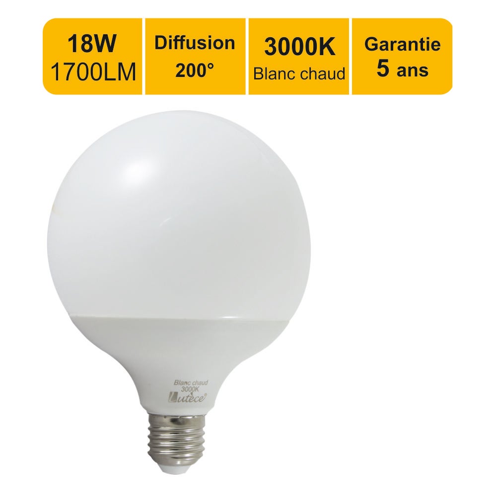 Ampoule LED E27 Globe G120 mm 18W 6000k blanc froid professionnelle