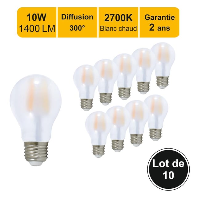 Lot de 10 ampoules LED filament E27 10W 1400Lm 2700K - garantie 2 ans