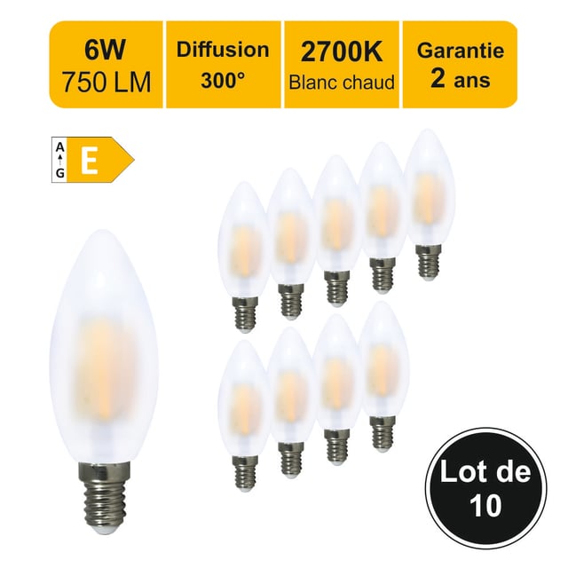 Lot de 10 ampoules LED filament E14 6W (équiv. 57w) 750Lm 2700K - garantie 2 ans