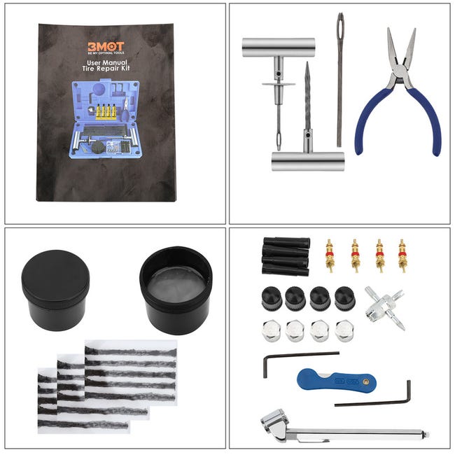 Kit Reparation pneu 3 meches + colle + 2 outils