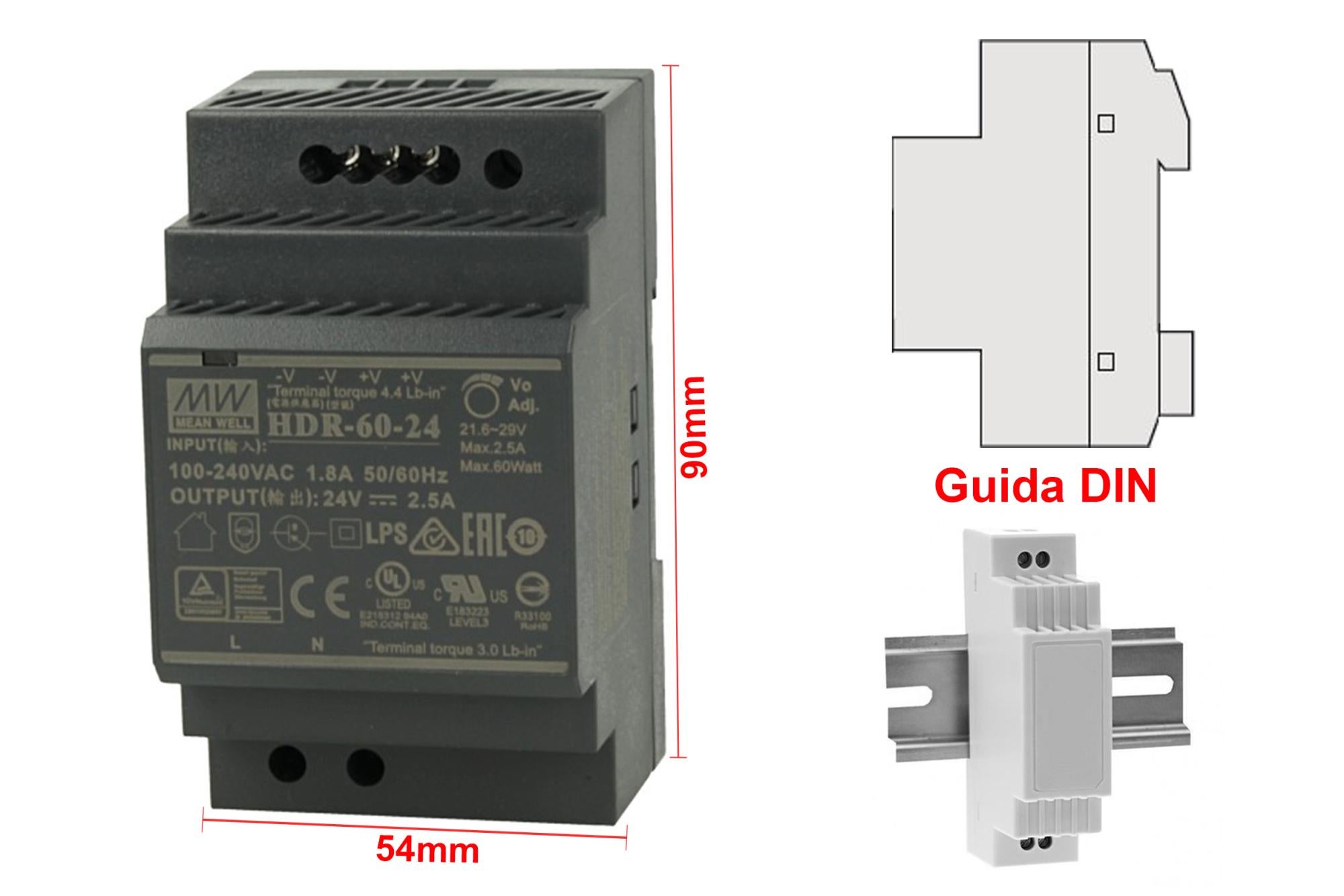 Alimentatore 60W 48V - Trasformatore DIN Rail HDR-60-48