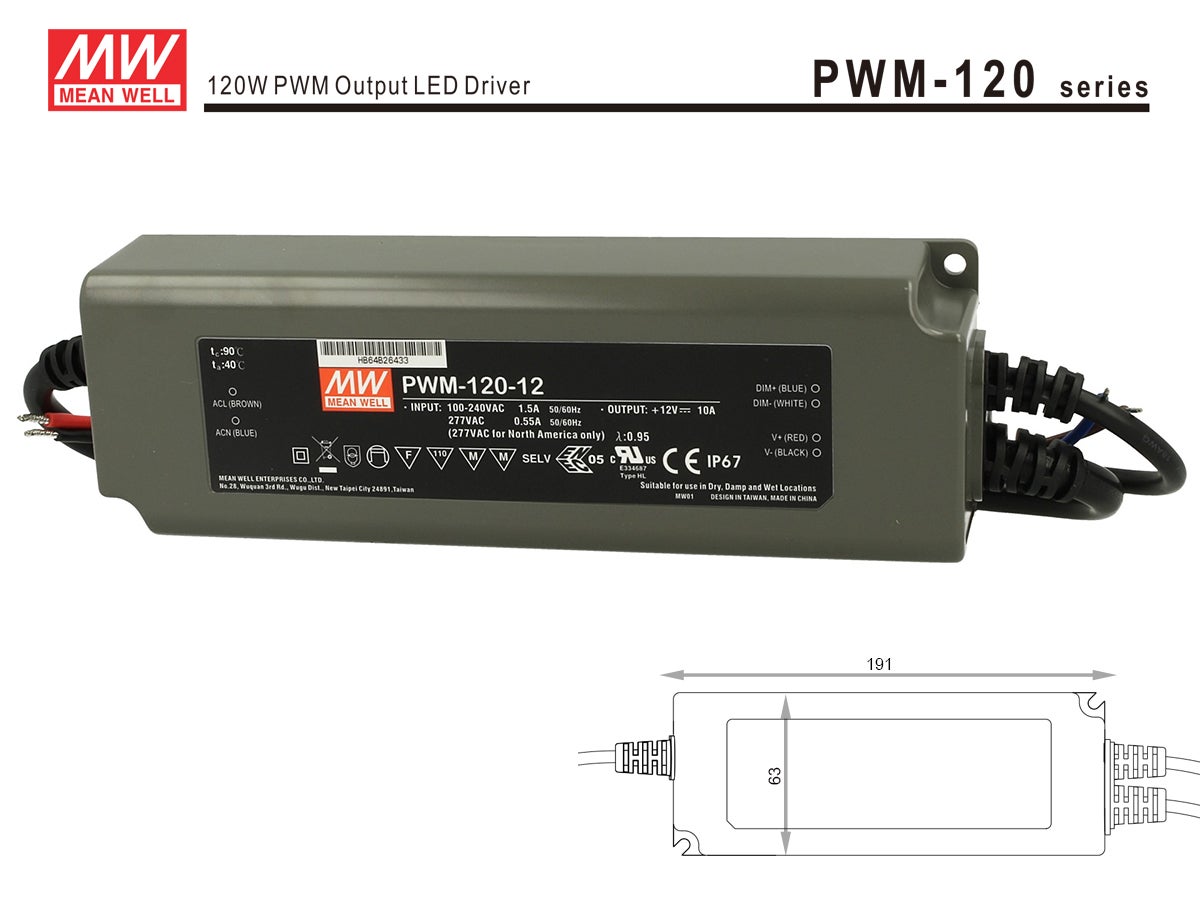 Alimentatore Led Meanwell PWM-120-12 Dimmerabile 120W 12V IP67 Dimming 3 in 1 0 