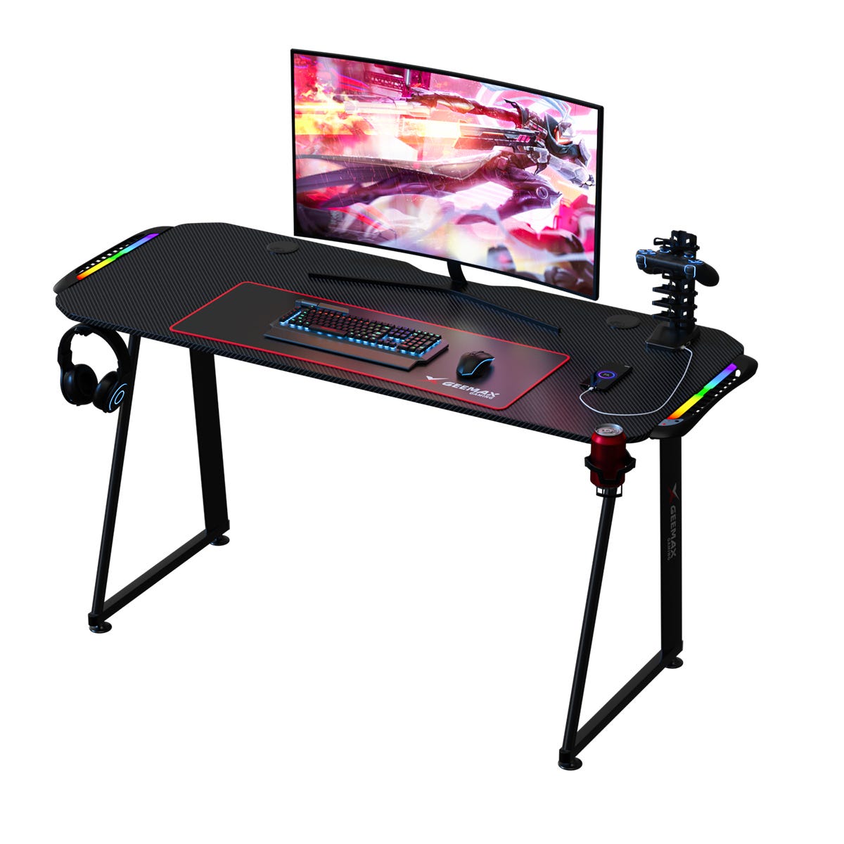 Tavolo da gaming Scrivania per computer in acciaio con supporto per cuffie  a LED + tappetino per mouse 140 x 60 x 75 cm