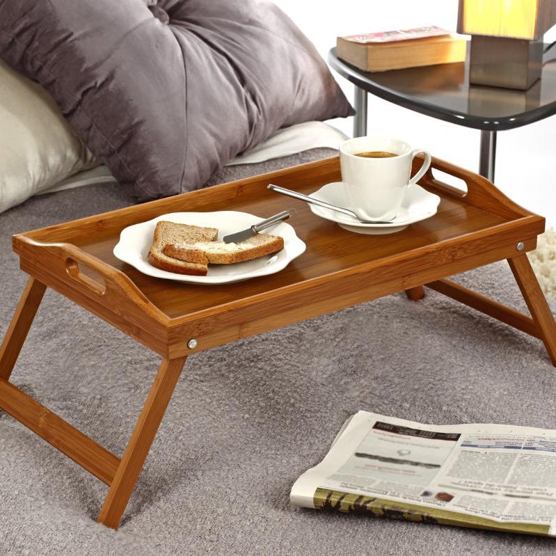 2x Plateaux de Lit table de petit-déjeuner bambou plateau service pieds  pliants bois avec tablette en plastique, nature