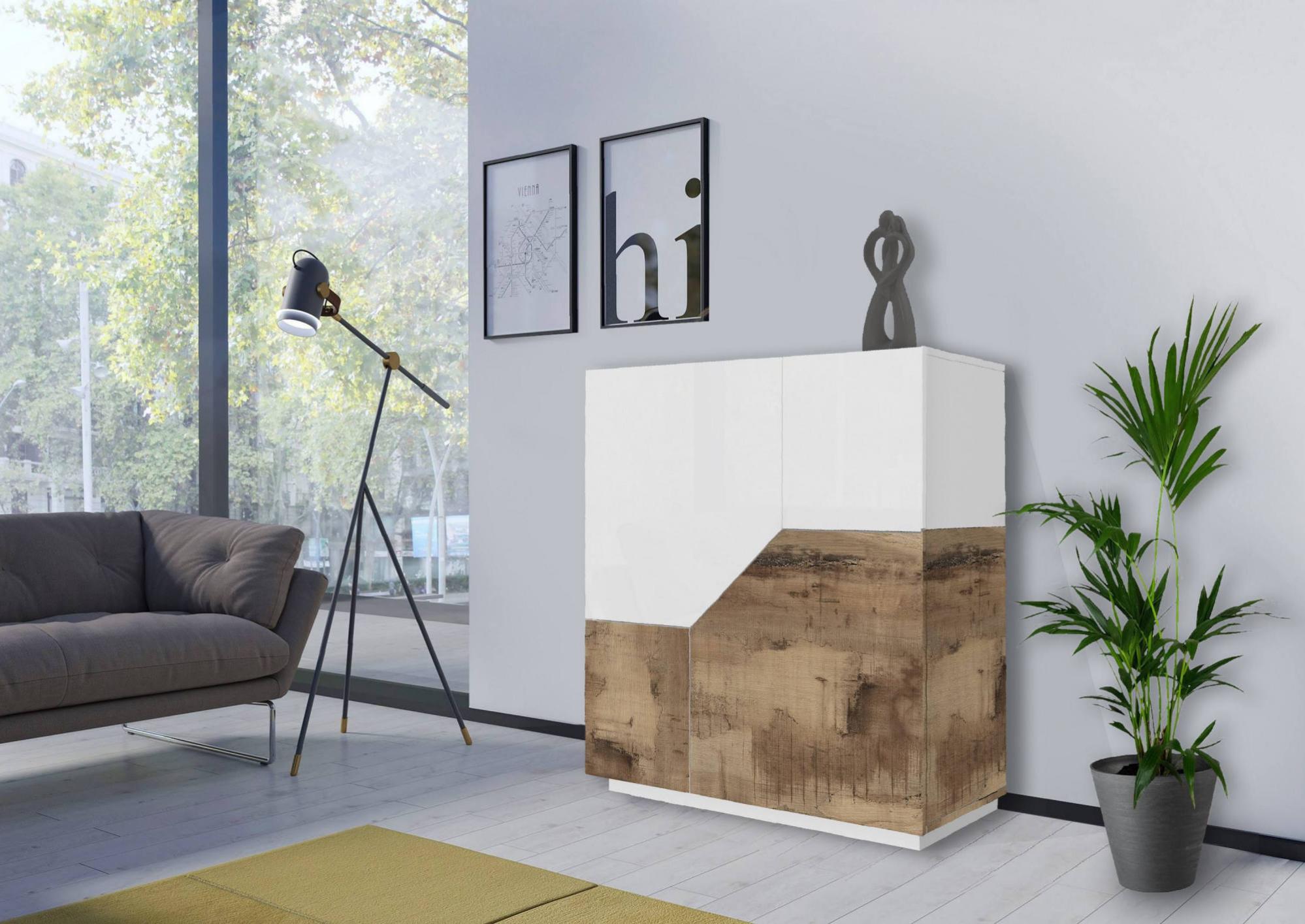 Credenza FineBuy In Legno Massello Di Mango E Pietra - 80x75x35 Cm - Design Moderno Per Cucina/Ingresso