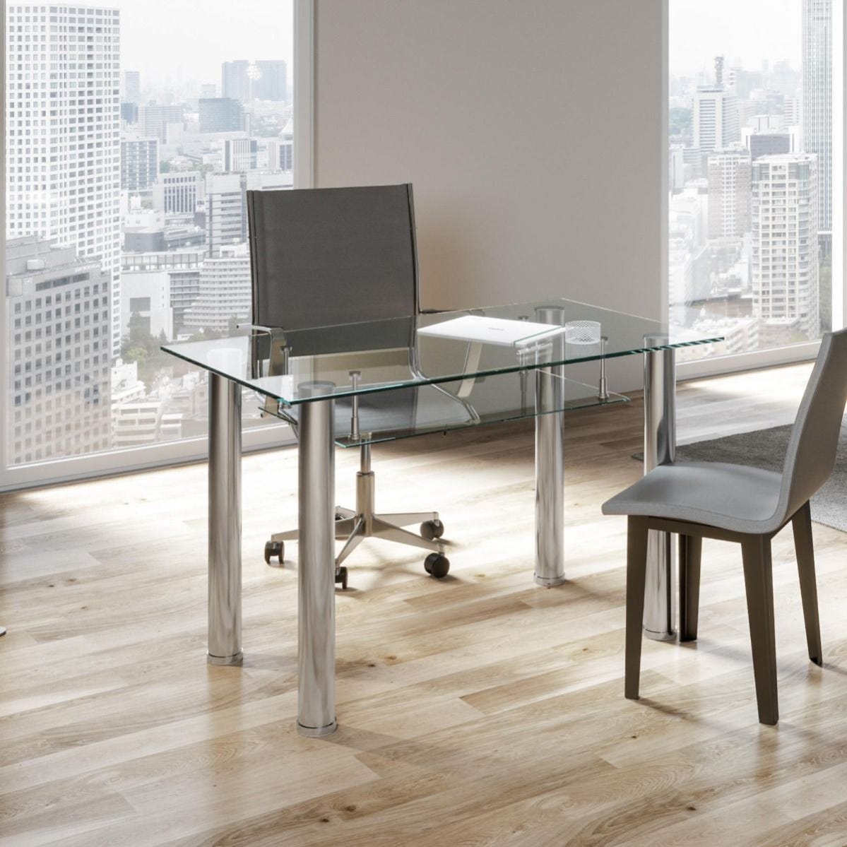 Scrivania ufficio design, scrivanie tavolo Pc con piano in vetro temperato  e gambe in metallo cromato