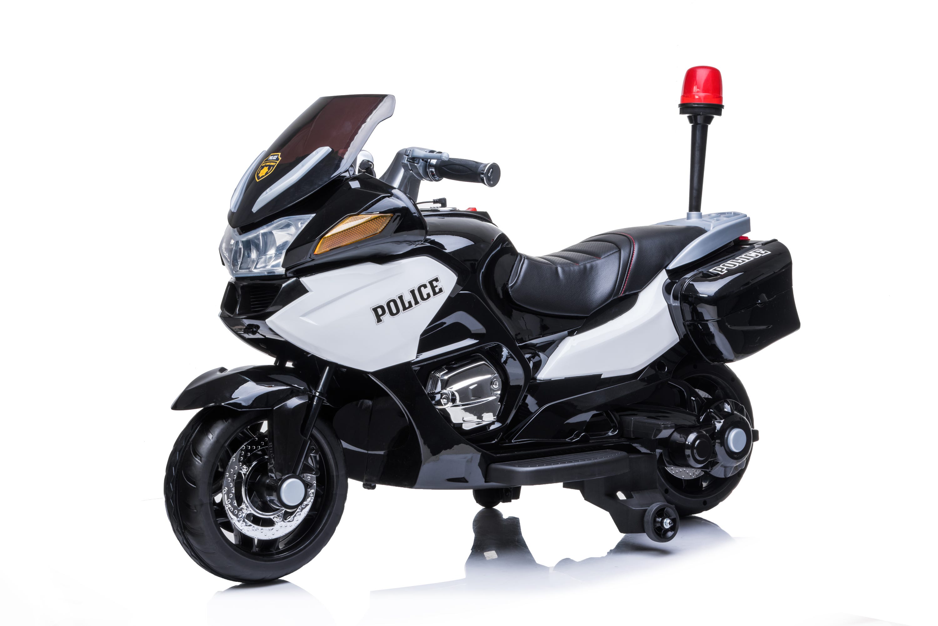 Moto électrique POLICE pour enfant, 12V, 2 moteurs, prise aux, usb, sd  card, roulettes stabilisatrices, lumière avant et arrière