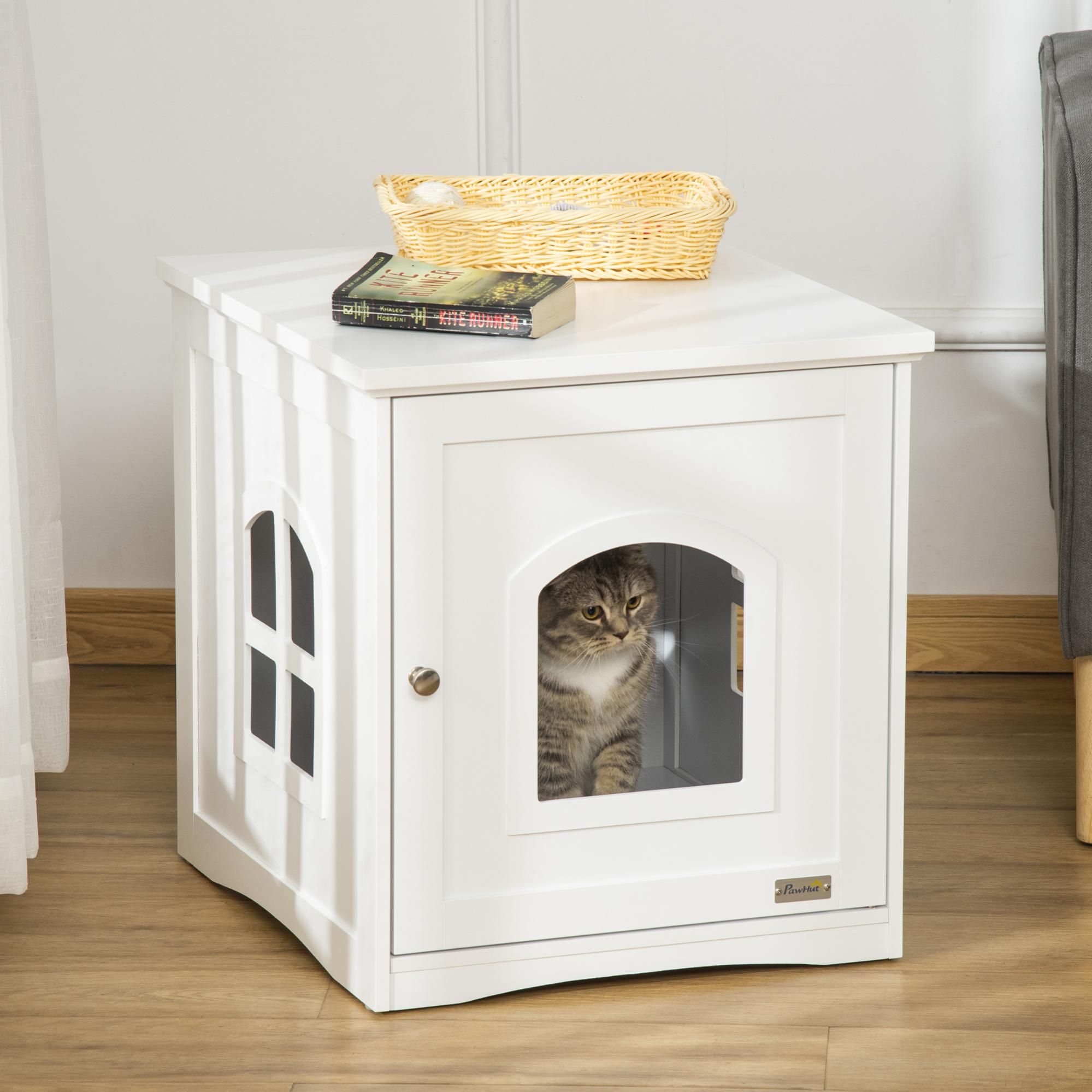 Cache-litière Pour Chat 2 En 1 - Table D'appoint Avec Rangement - 86 X 48 X 52 Cm, Blanc - Cloison Amovible, 2 Portes - 9
