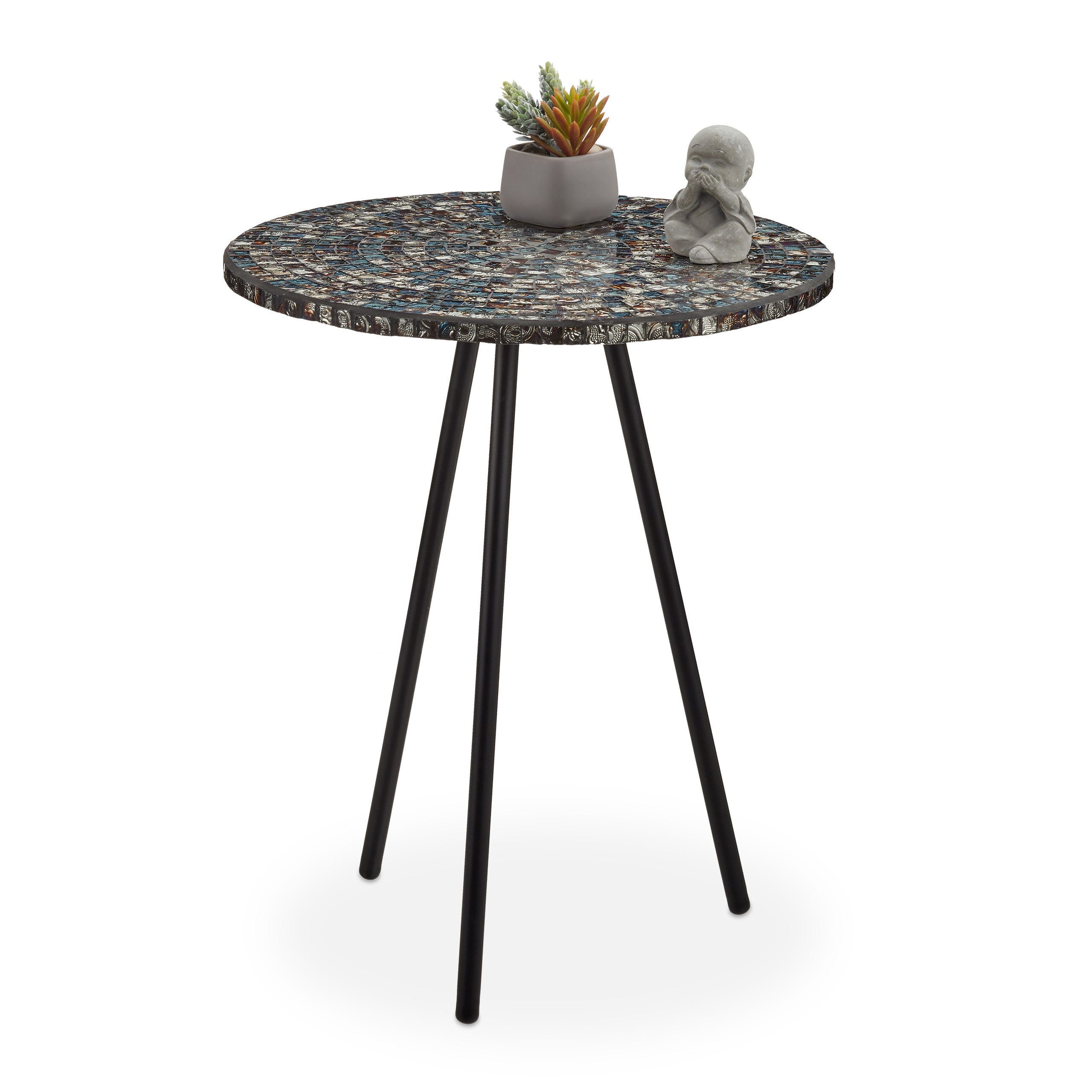Relaxdays Tavolino a Mosaico Decorativo, HxD 50 x 41 cm, Rotondo,  Realizzato a Mano, Comodino Design Etnico, Nero Oro