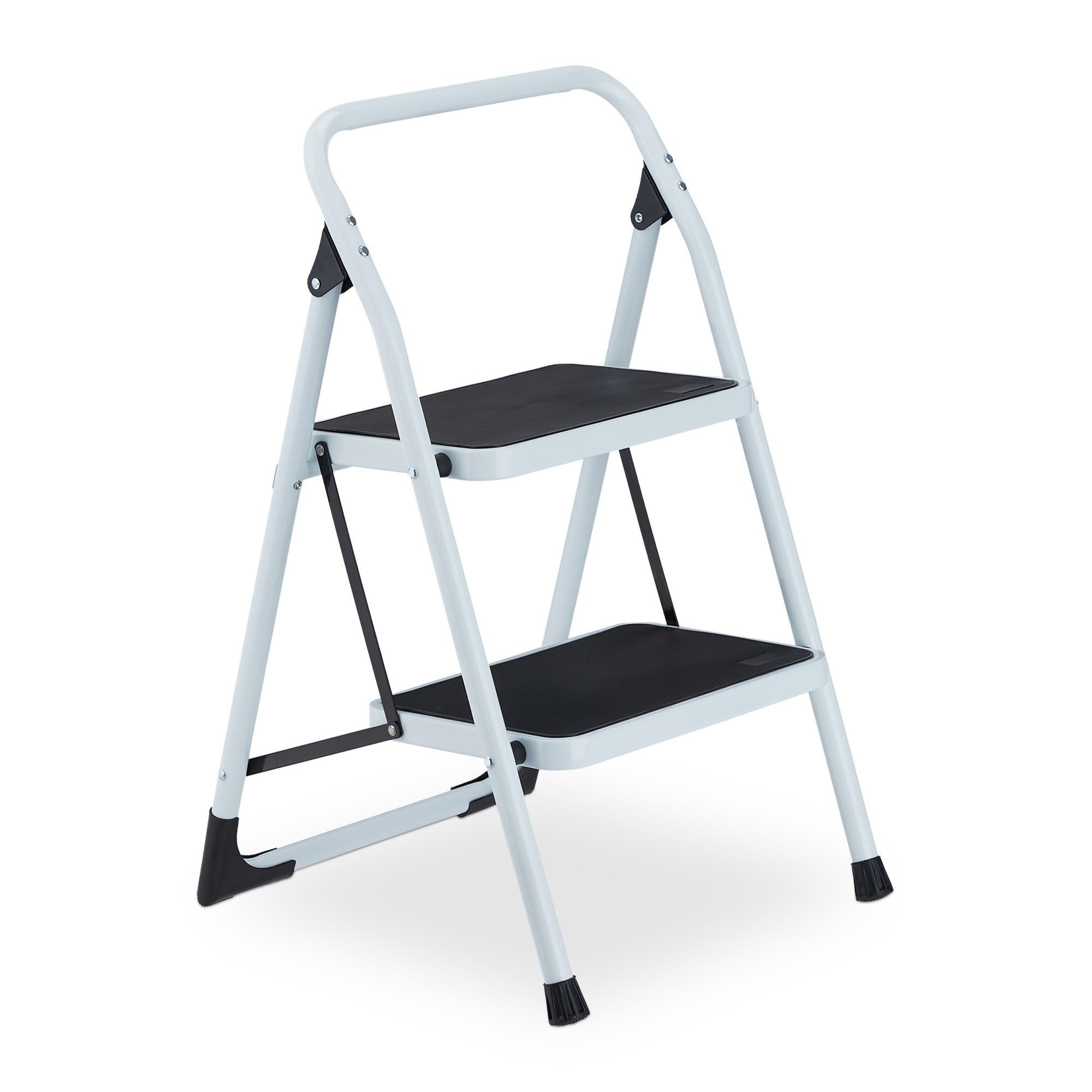 Scaletta Pieghevole Relaxdays A 2 Gradini – In Acciaio, Portata 150 Kg, Antiscivolo, Bianca, Dimensioni 77x46x49 Cm