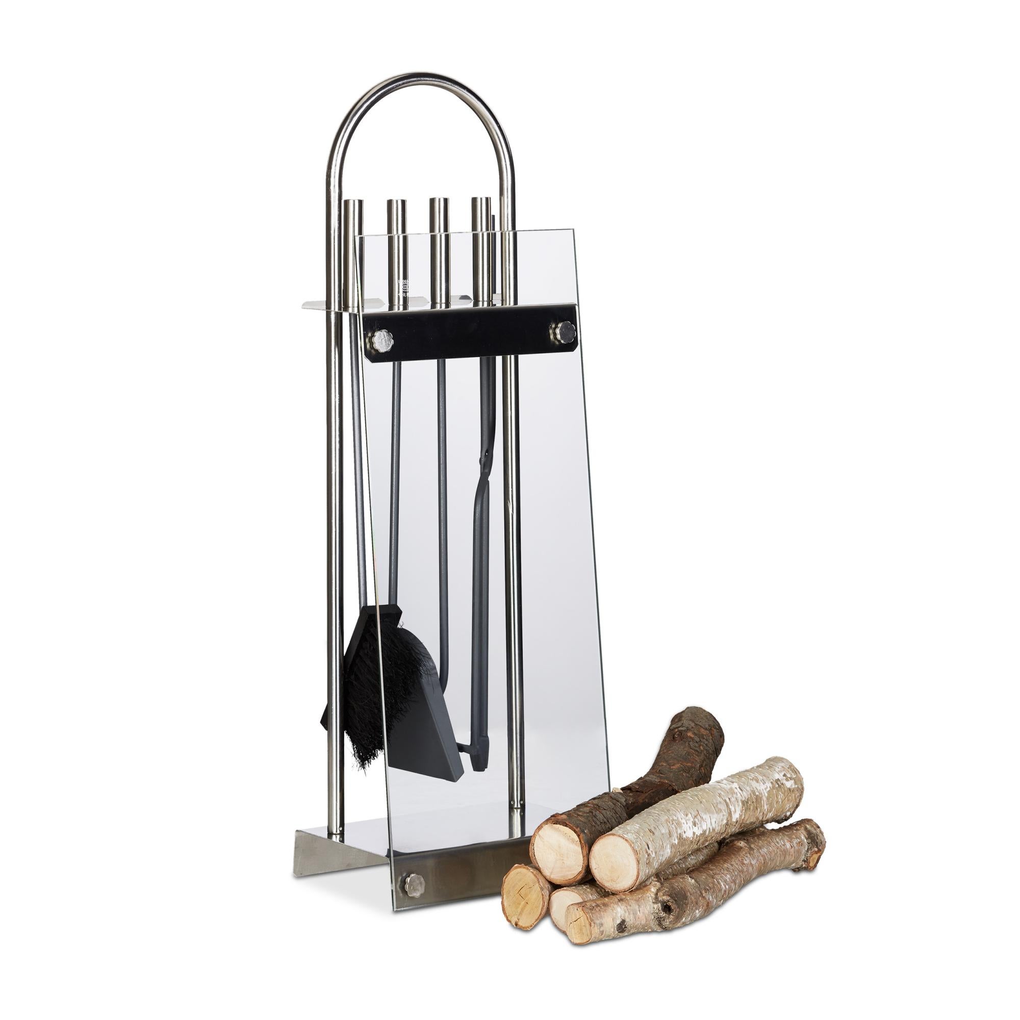 Relaxdays Set 5 Attrezzi Da Camino – Scopa, Paletta, Attizzatoio, Pinza E Supporto, Ferro Nero Grigio
