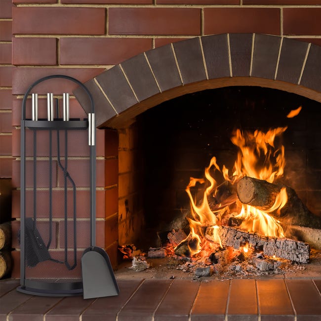 Relaxdays Serviteur de cheminée, moderne, 5 pièces : tisonnier, pelle à  cendres, balai, pince et support, gris/noir